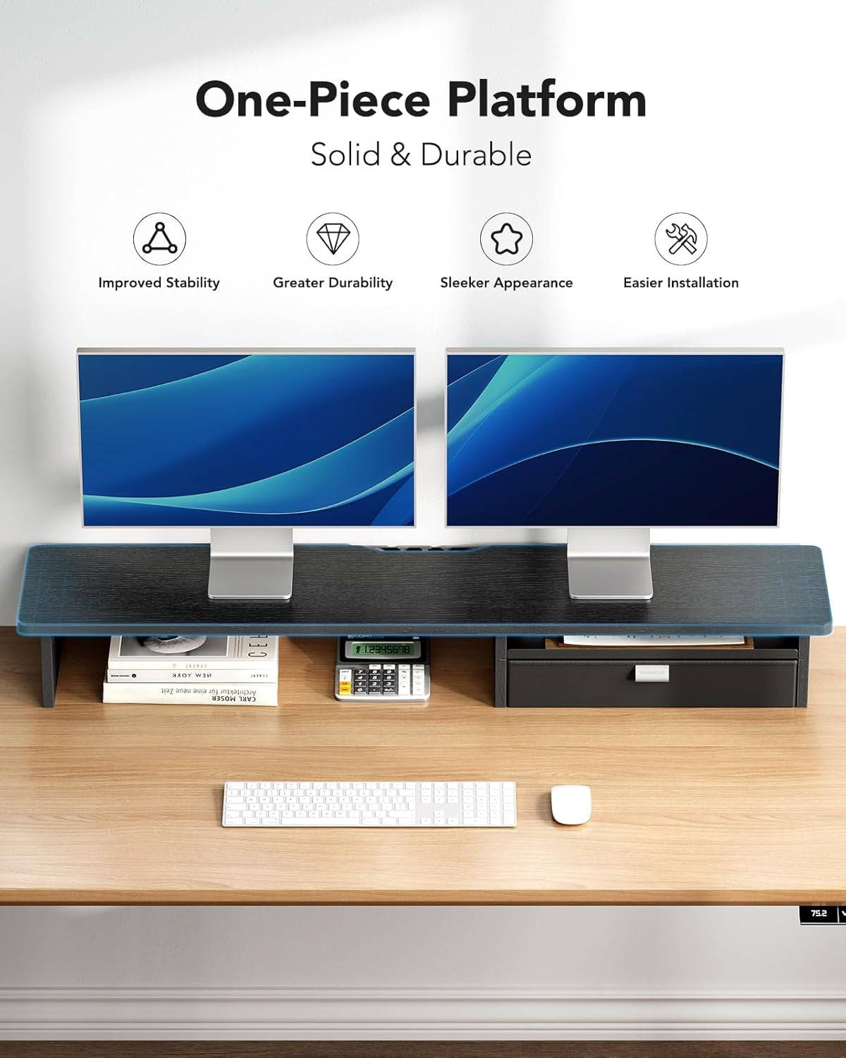 Large Dual Monitor Stand with Drawer, Wood Monitor Stand Riser for 2 Monitors Wi