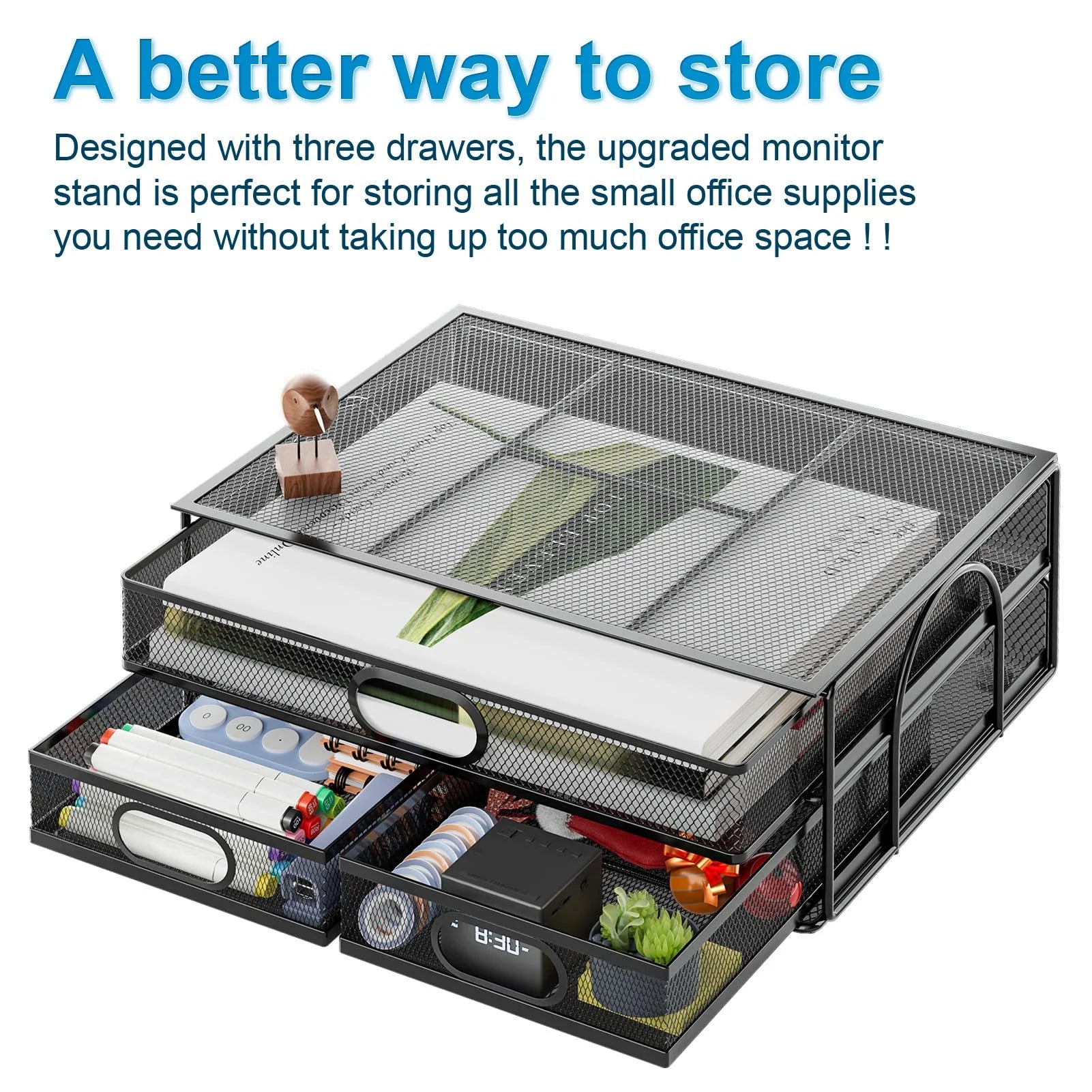 Monitor Stand with Drawer, Monitor Stand, Metal Mesh Desk Organizer with Three Pull Out Storage Drawers