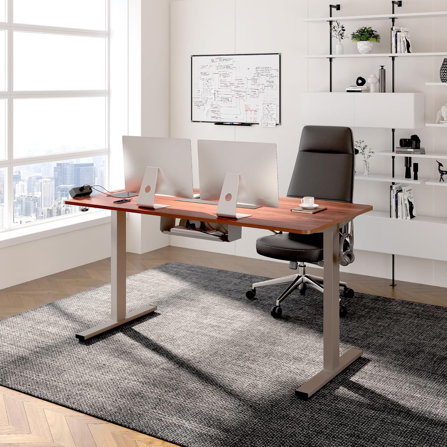 FLEXISPOT EN2 Electric Standing Desk - 48" x 30" Whole-Piece Height Adjustable Desk with Clamp Power Strip & Cable Management (Gray Frame/Mahogany Top)