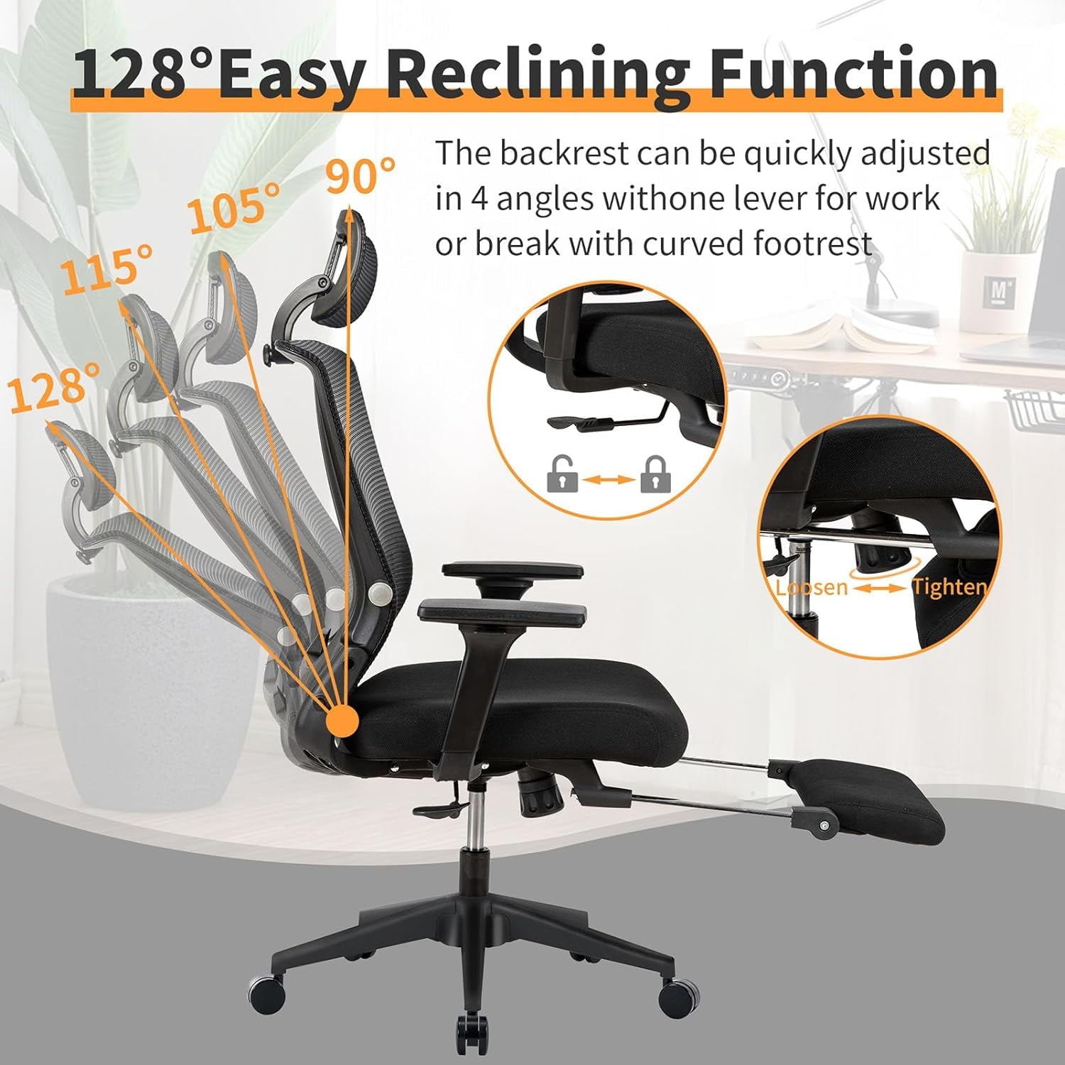 Foldable Office Chair with Footrest & Headrest, Ergonomic Mesh Desk Chair, Tilt Function, Lumbar Support, 300Lbs, Black