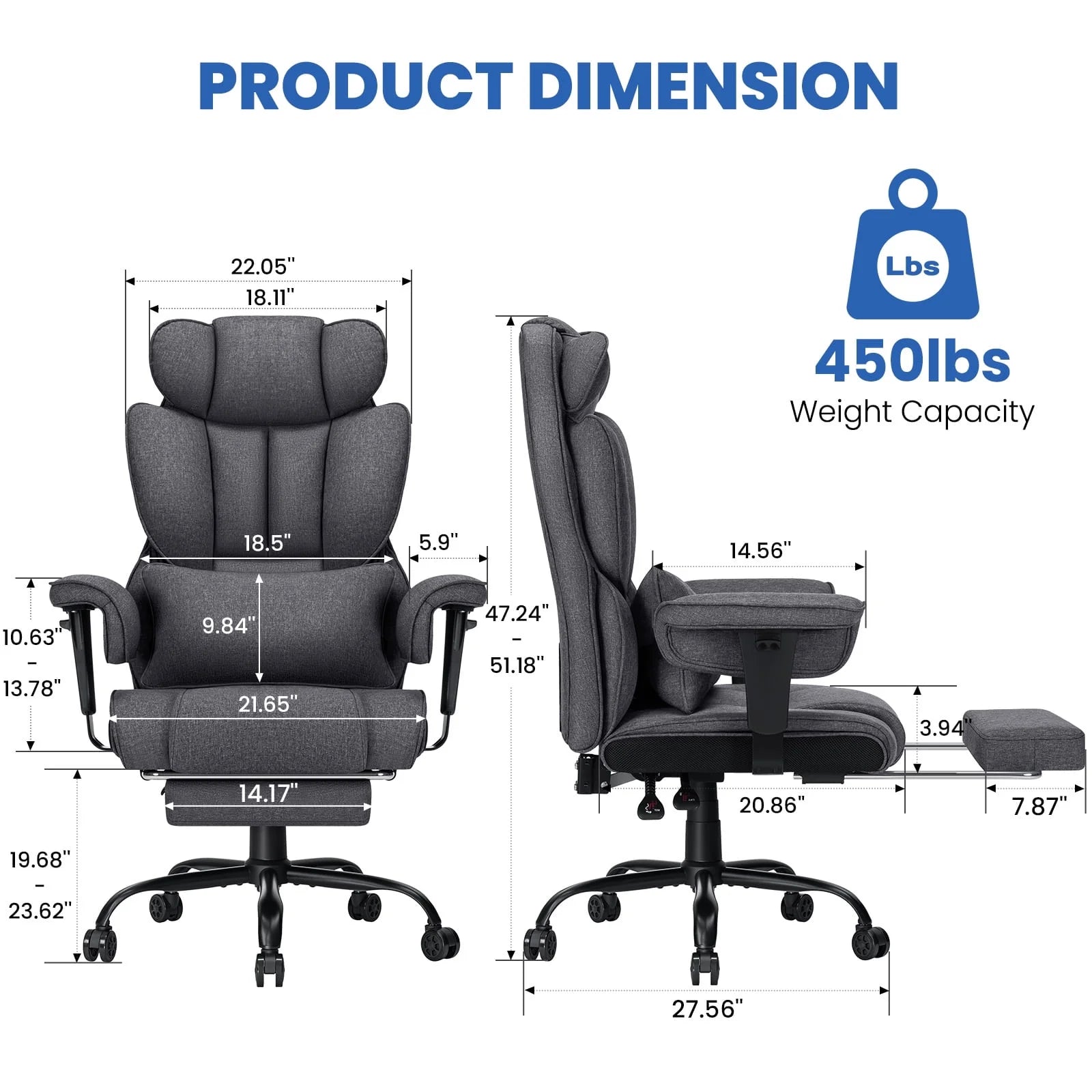 Big and Tall Fabric Office Chair 450Lbs, Executive Desk Chair with Massage Ergonomic Computer Chair with Footrest Reclining Desk Office Chair with Lumbar Support for Home Office