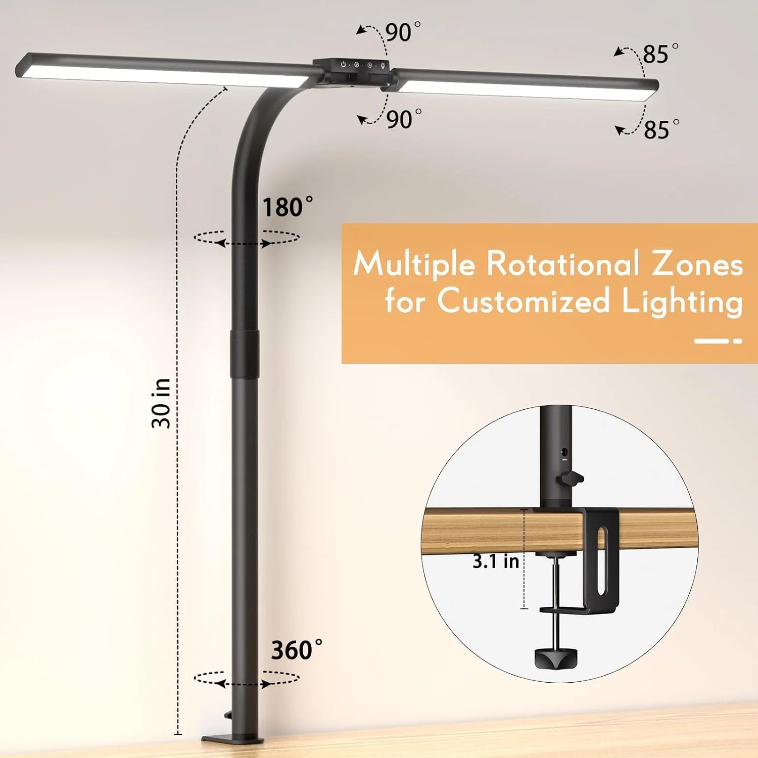 LED Desk Lamp for Home Office, 24W Ultra Wide Double Head Architect Desk Lamp with 25 Lighting Modes, 30.7'' Adjustable Gooseneck Monitor Light for Work Office, Gray
