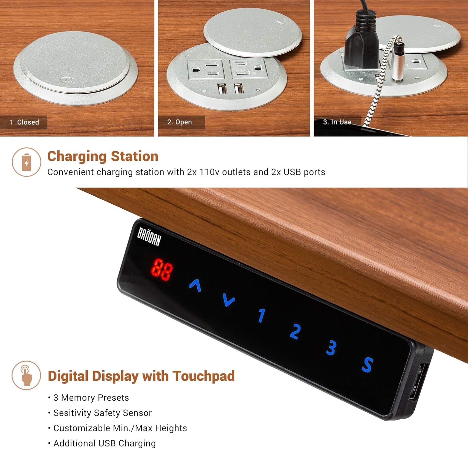 Electric Standing L Desk with Power Charging Station, Adjustable Height Sit Stand Home Office Desk, L Shaped Computer Desk, 67X59 Inches Corner Stand up Desk, Walnut Top with Black Frame