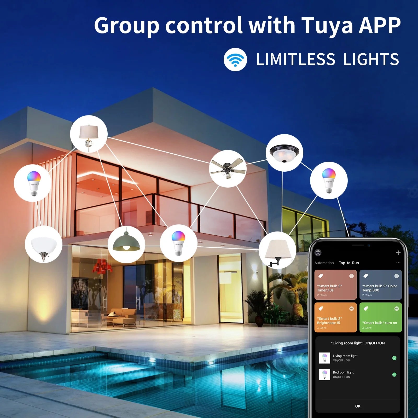 12 Pack  Wifi Smart Led Light Bulb,Dimmable RGB Color Changing Smart App Control (2.4Ghz Only), A19 E26 9W (60W Equivalent) 800 Lumen