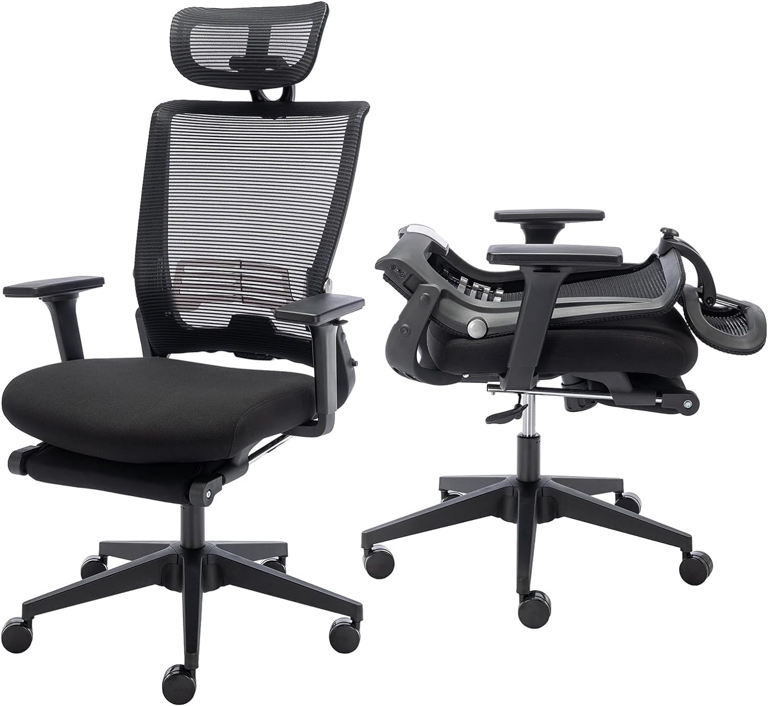 Foldable Office Chair with Footrest & Headrest, Ergonomic Mesh Desk Chair, Tilt Function, Lumbar Support, 300Lbs, Black
