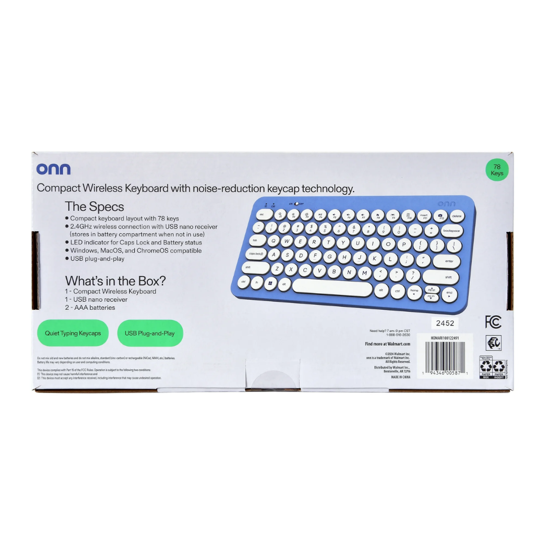 onn Mini Compact Wireless Office Keyboard USB Receiver, 78 Keys, Ultramarine