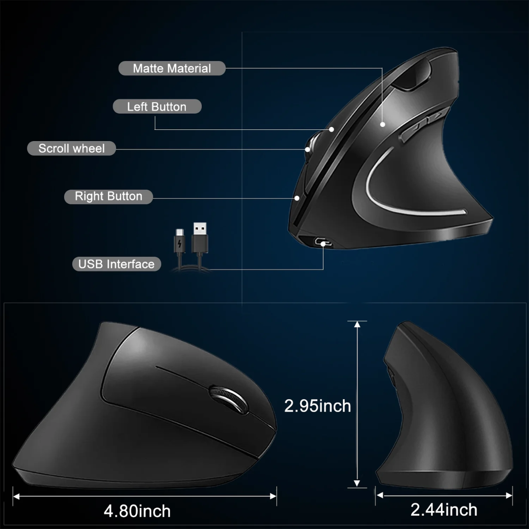 2.4G Wireless Vertical Mouse - Ergonomic Optical Mouse with Adjustable DPI (800/1200/1600), 6 Buttons for PC, Desktop & Laptop (Vertical Black)