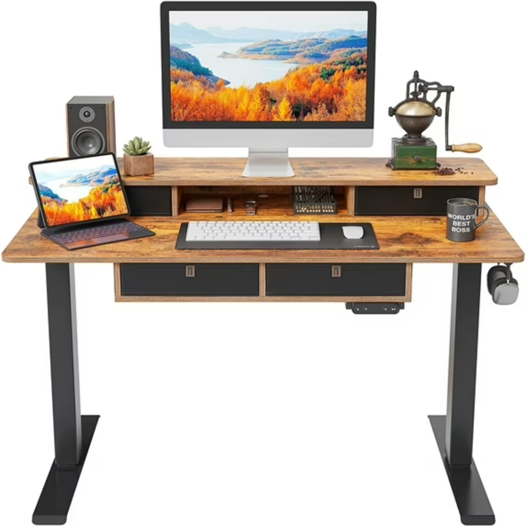 FEZIBO 48 x 24 Inch Height Adjustable Electric Standing Desk with 4 Drawers, Stand Up Table with Storage Shelf, Sit Stand Desk with Splice Board, Black Frame/Rustic Brown Top