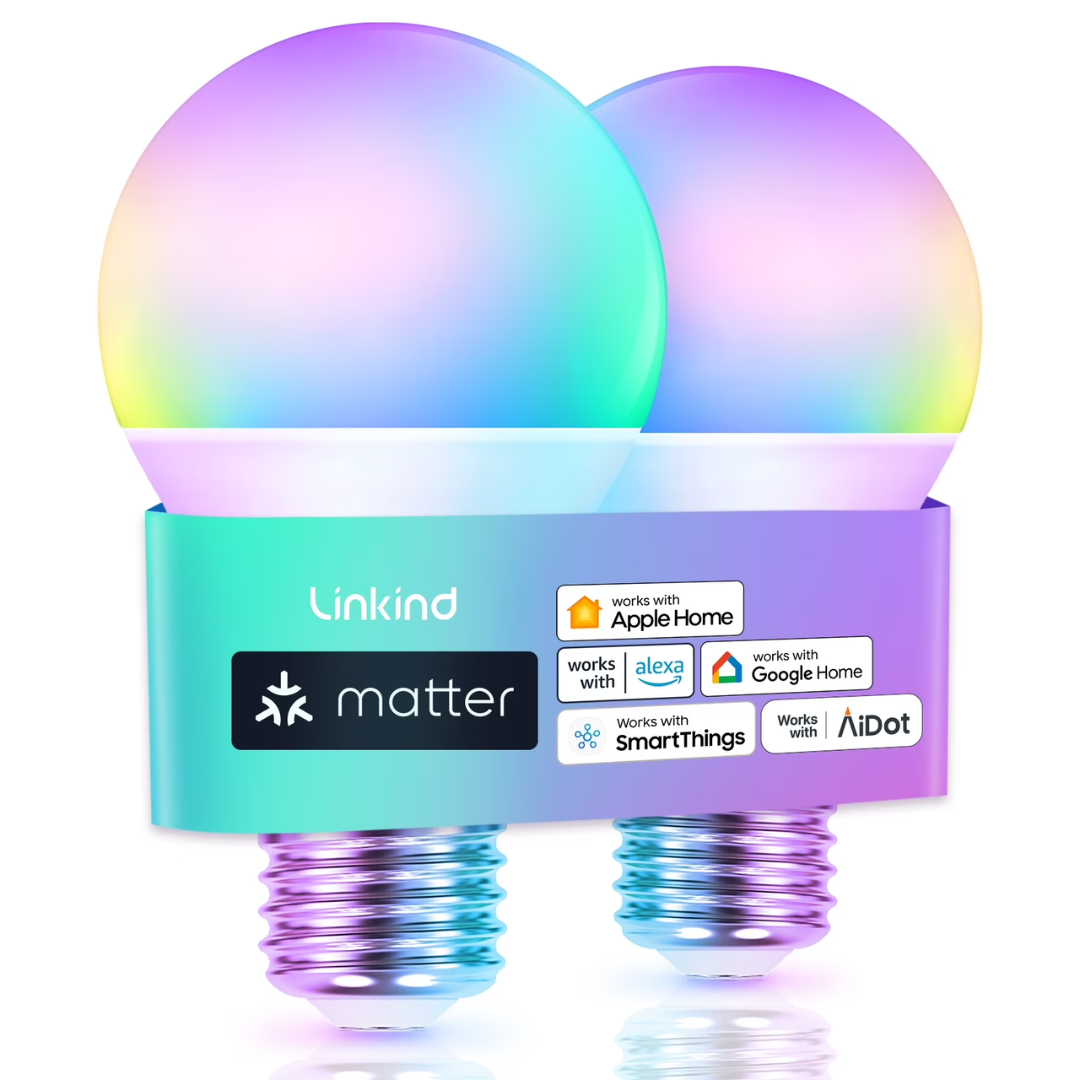 Linkind Matter Smart LED Light Bulbs - 9W (60W Equivalent) A19 E26 WiFi Color Changing RGB Dimmable with Music Sync, Works with Alexa, Google Home & SmartThings (2-Pack)