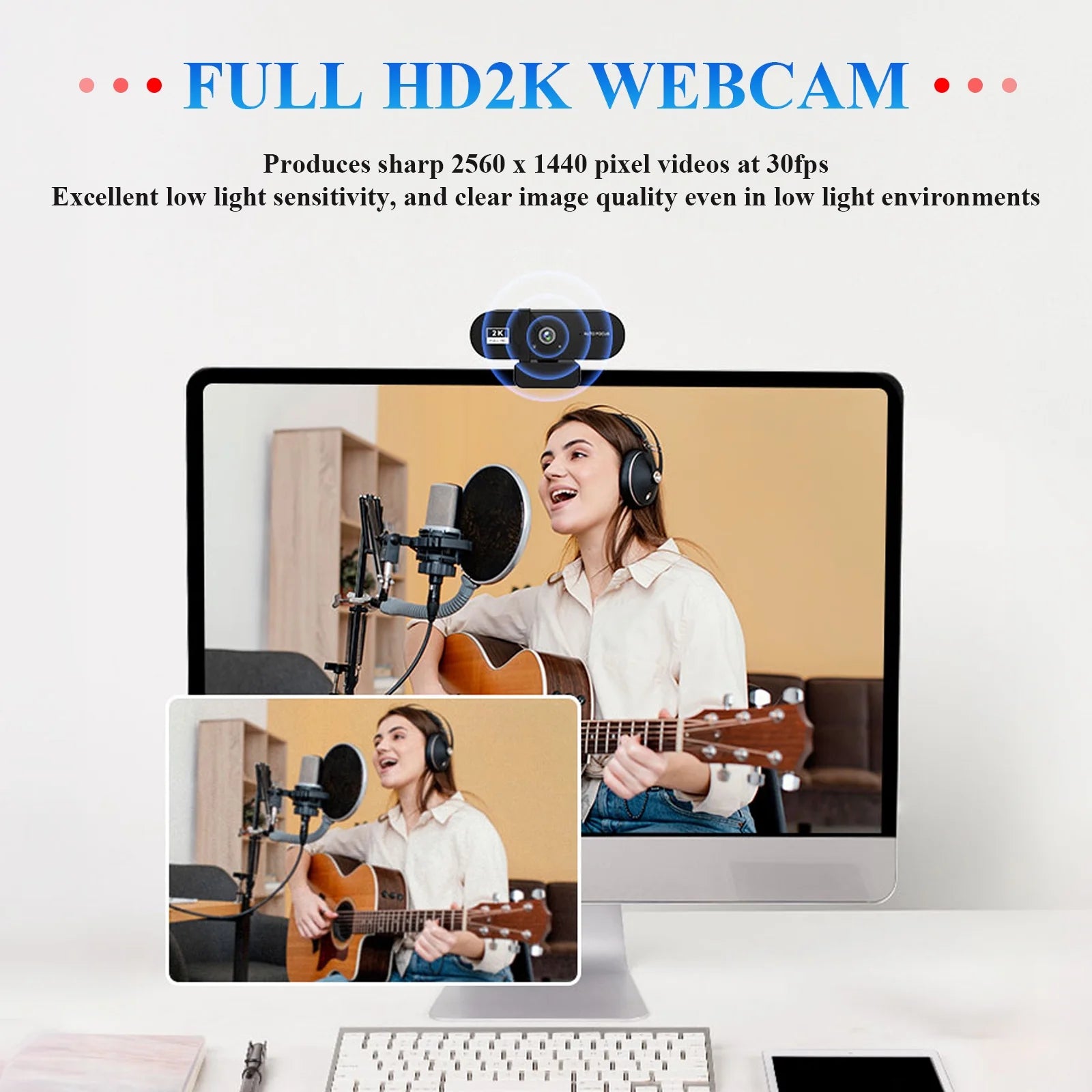 Webcam,2K HD Webcam for PC with Microphone USB Auto Focus for Recording Conference Calls Games