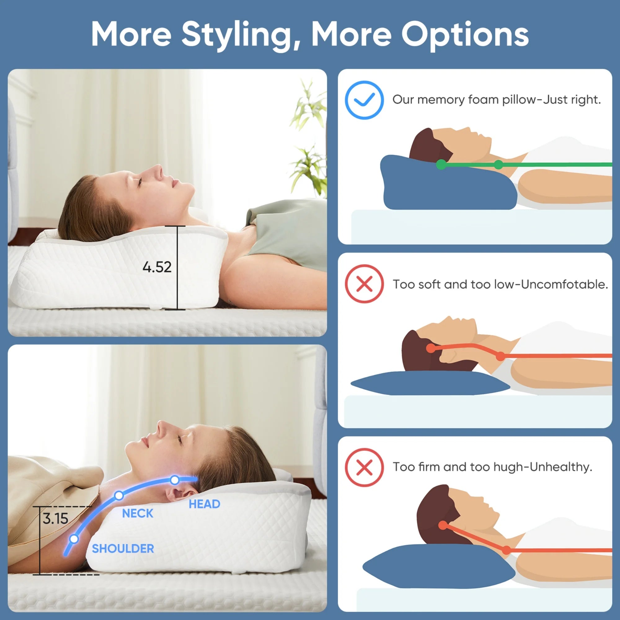 Cervical Pillow for Neck Pain Relief, Memory Foam Ergonomic Pillow for Side, Back & Stomach Sleepers, Grey