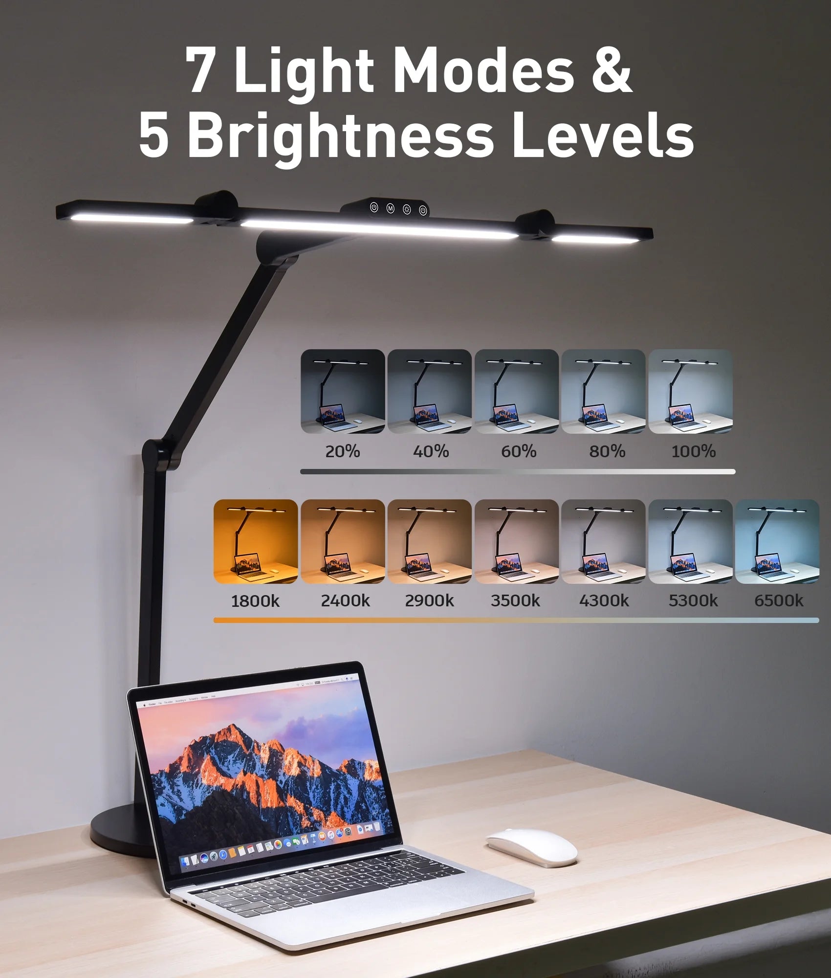 LED Desk Lamp with Base, 270°-360° Angle-Adjustable 3-Light Bars Architect Office Desk Lamp , 24W Desk Lights for Home Office, Eye Care Auto Stepless Dimming Desk Light, 7×5 Lighting Modes