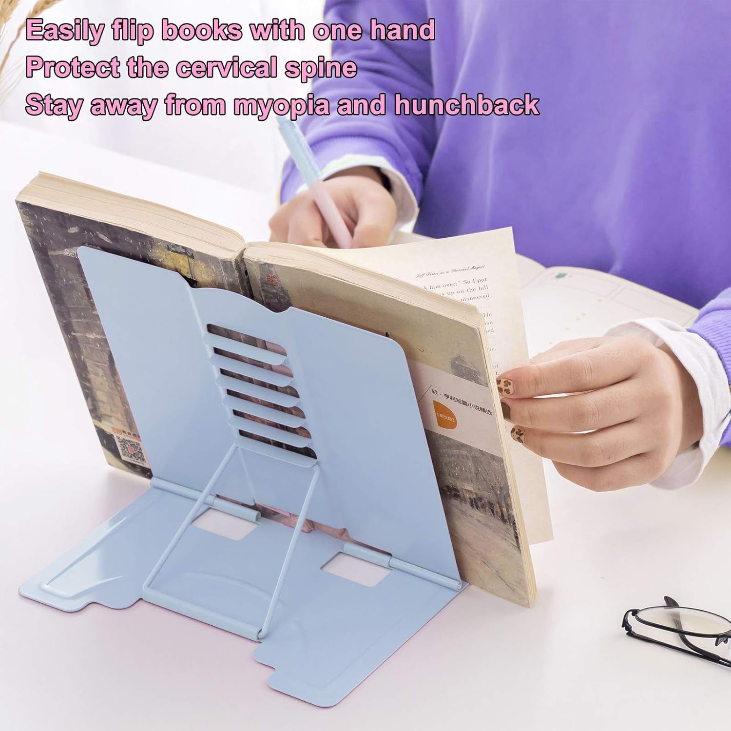 Desk Book Stand Metal Reading Rest Book Holder Adjustable Cookbook Documents Holder Bookstands for Recipes Textbook Music Books Christmas Gift for Age 3,4,5,6,7,8,9,10+ Boys Girls (Light Blue)