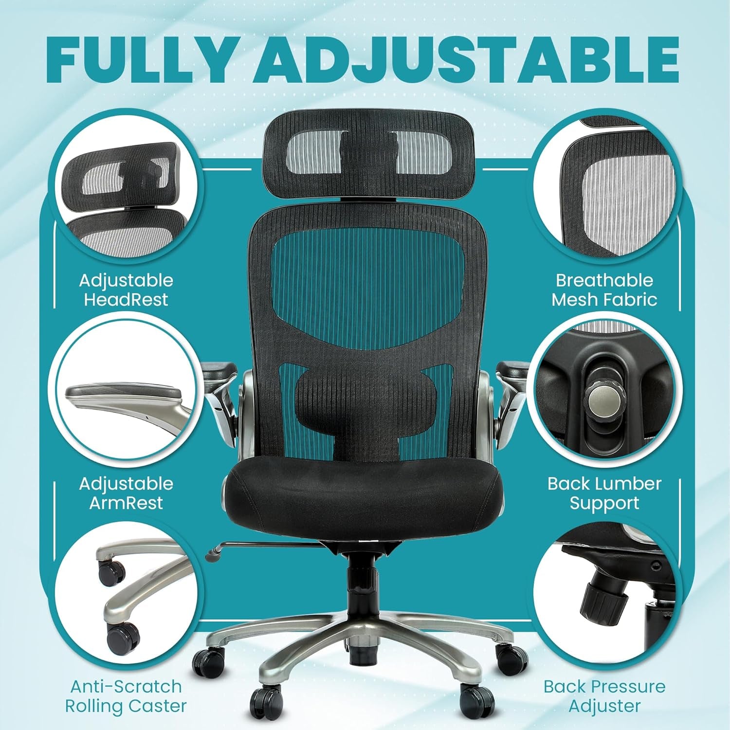 Officefactor 500 Lbs Rated the Real High Back Ergonomic Big and Tall Office Chair Flip-Up Arms Mesh Back anti Scratch Wheels Adjustable Lumbar Support Adjustable Headrest (Black with Headrest)