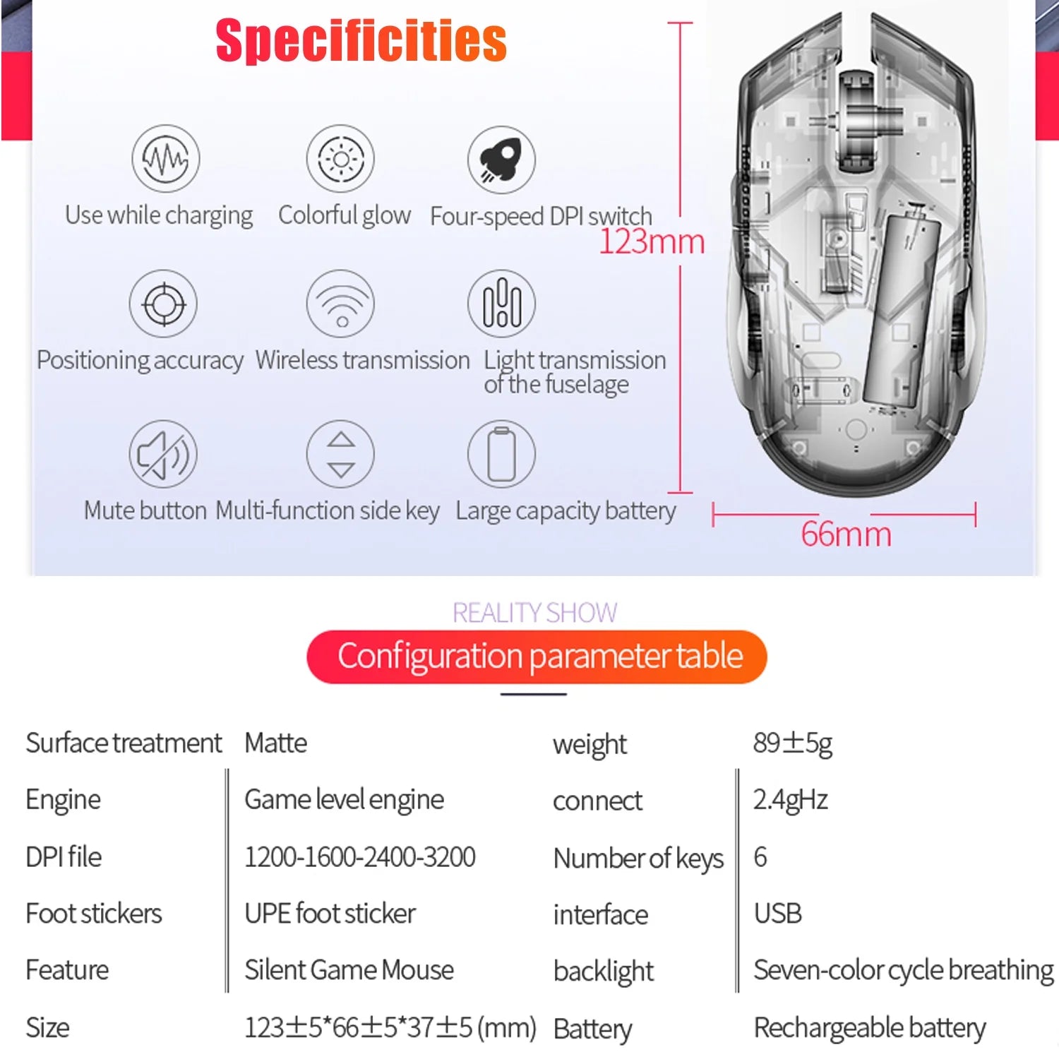 Rechargeable Wireless Gaming Mouse,2.4G LED Optical Silent Wireless Computer Mouse with 7 LED Light,4 Adjustable DPI 1200/1600/2400/3200,Ergonomic Design Wireless Mouse for Laptop(Silver)