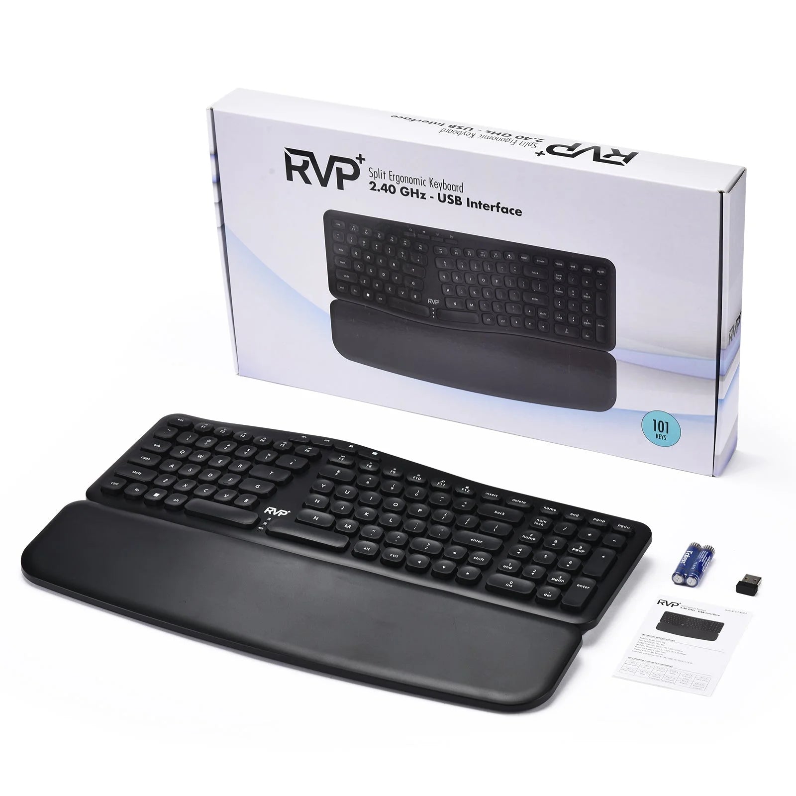 '+ K100-B Adjustable Wireless Ergonomic Keyboard with Magnetic Wrist Rest, Black