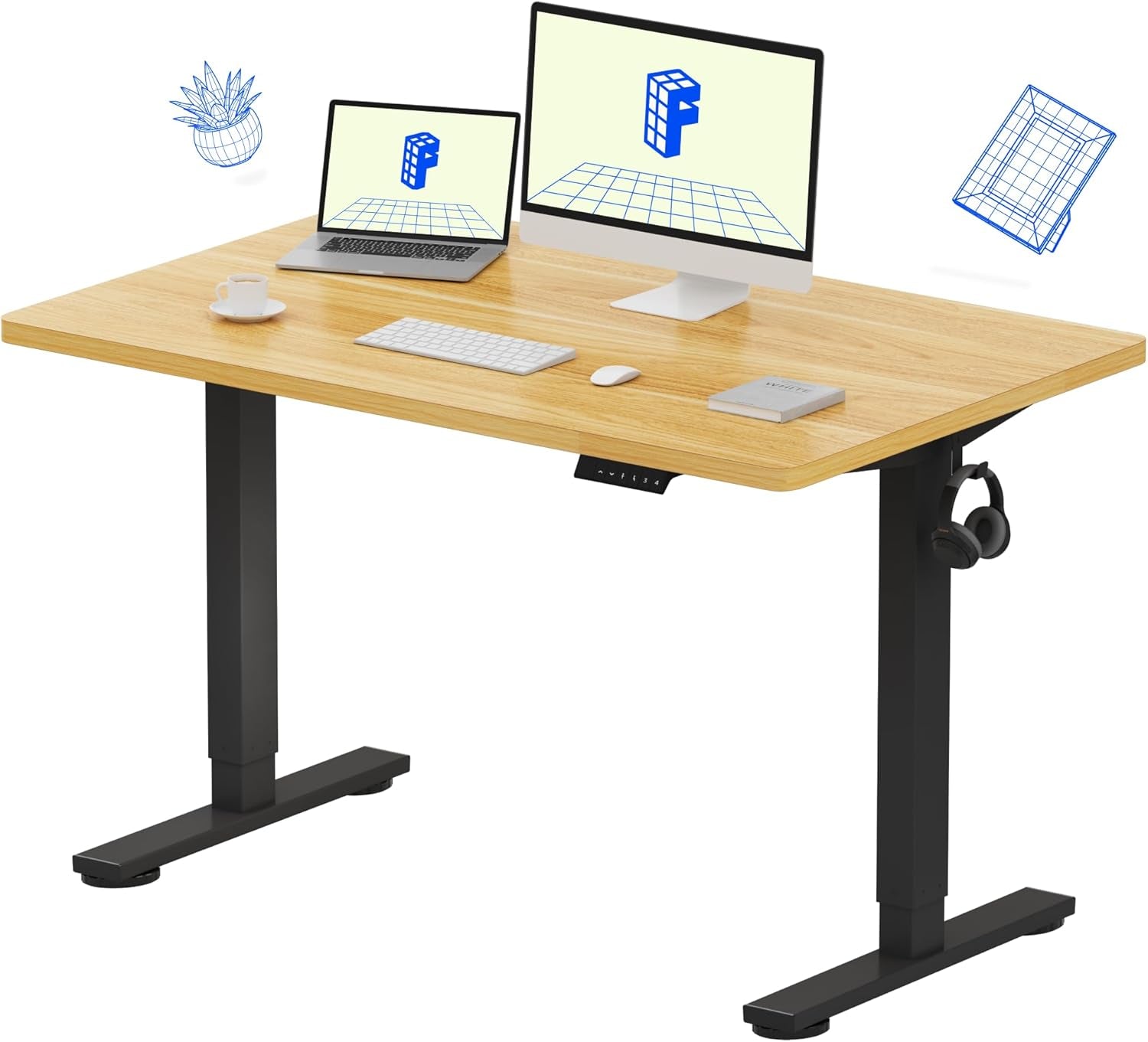 EN1 Whole-Piece Standing Desk 48" X 30" Electric Height Adjustable Stand up Desk Frame W/Automatic Smart Keypad (Black Frame + Maple Top, 2 Packages)