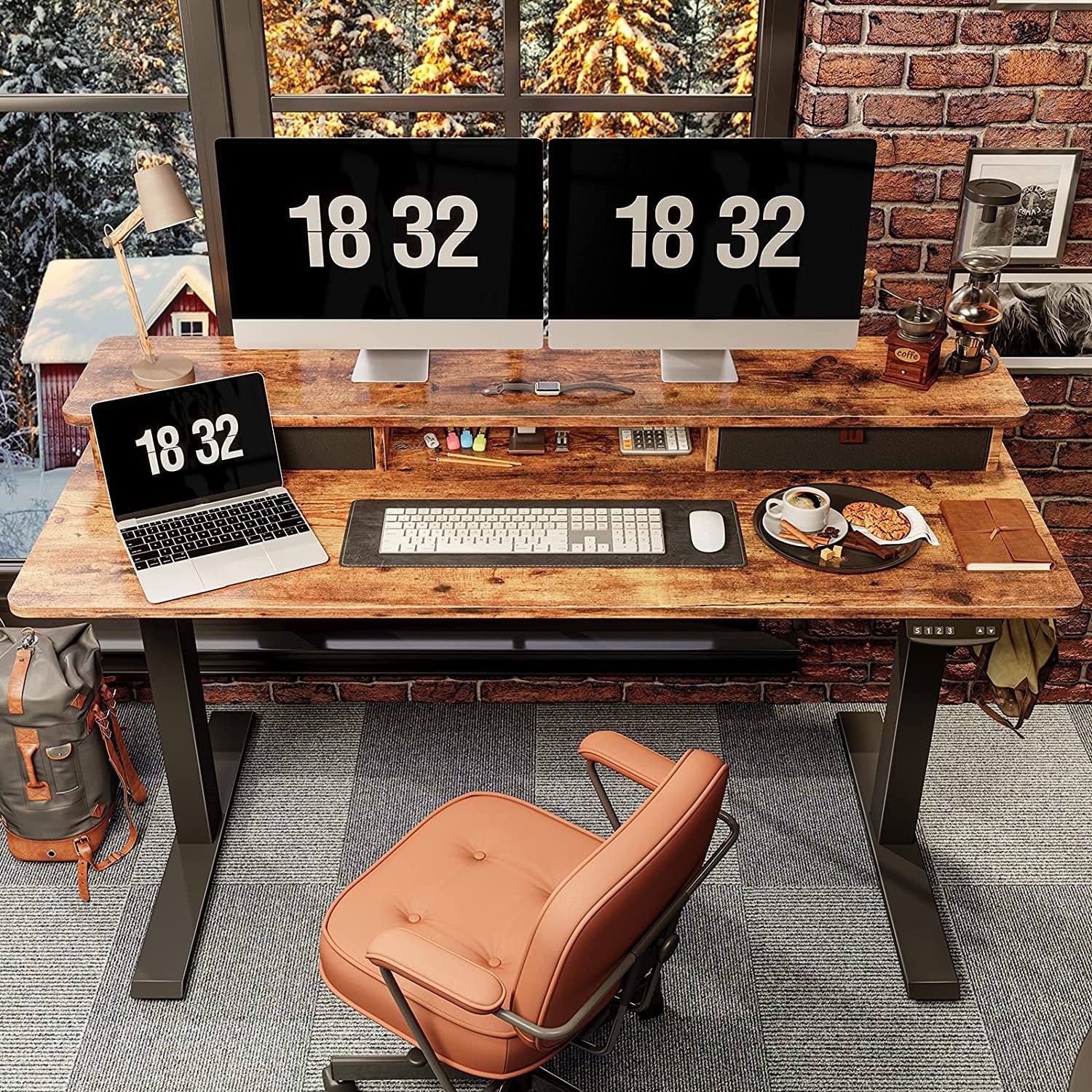 55 X 24 Inch Height Adjustable Electric Standing Desk with Double Drawer, Stand up Table with Storage Shelf, Sit Stand Desk with Splice Board, Black Frame/Rustic Brown Top