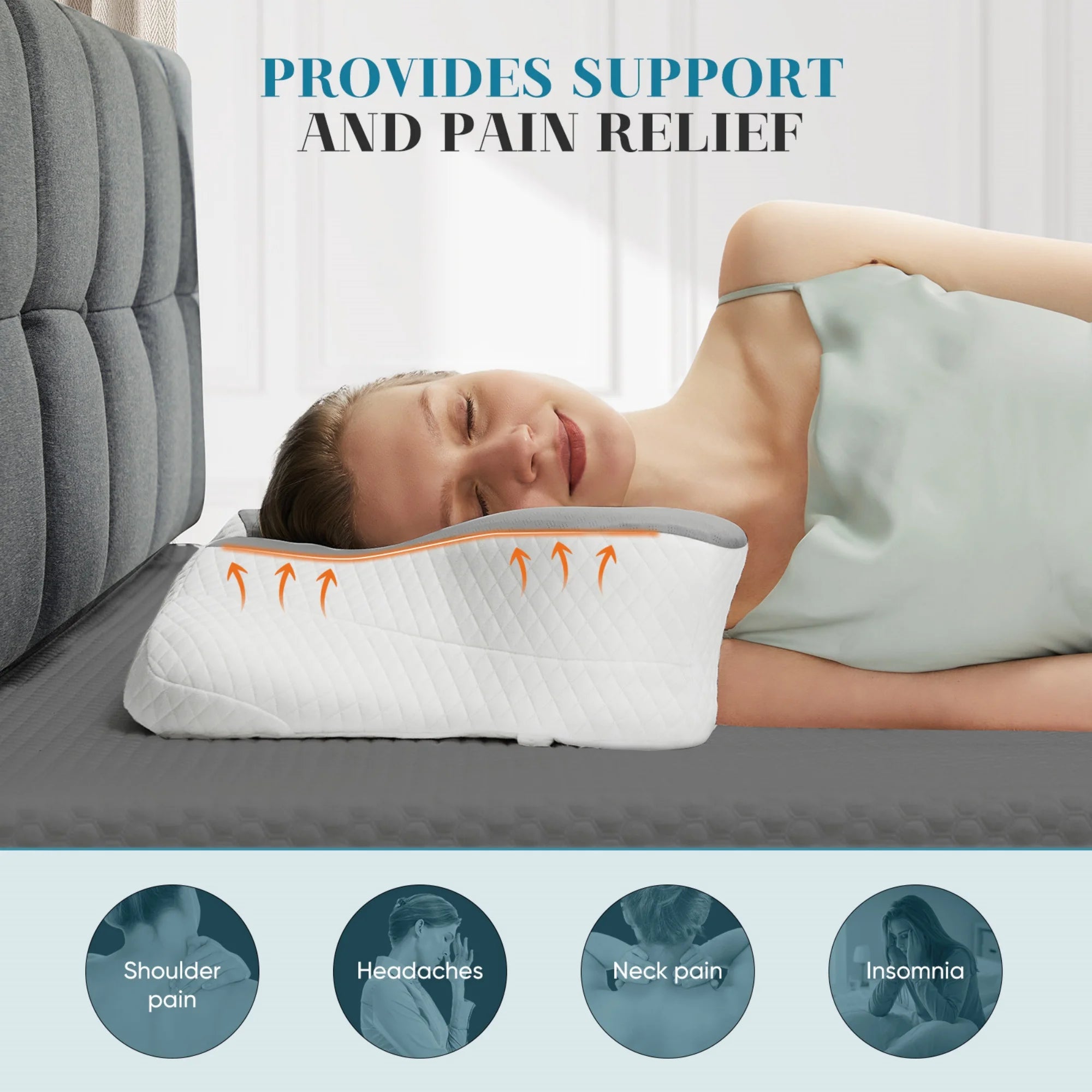 Cervical Pillow for Neck Pain Relief, Memory Foam Ergonomic Pillow for Side, Back & Stomach Sleepers, Grey