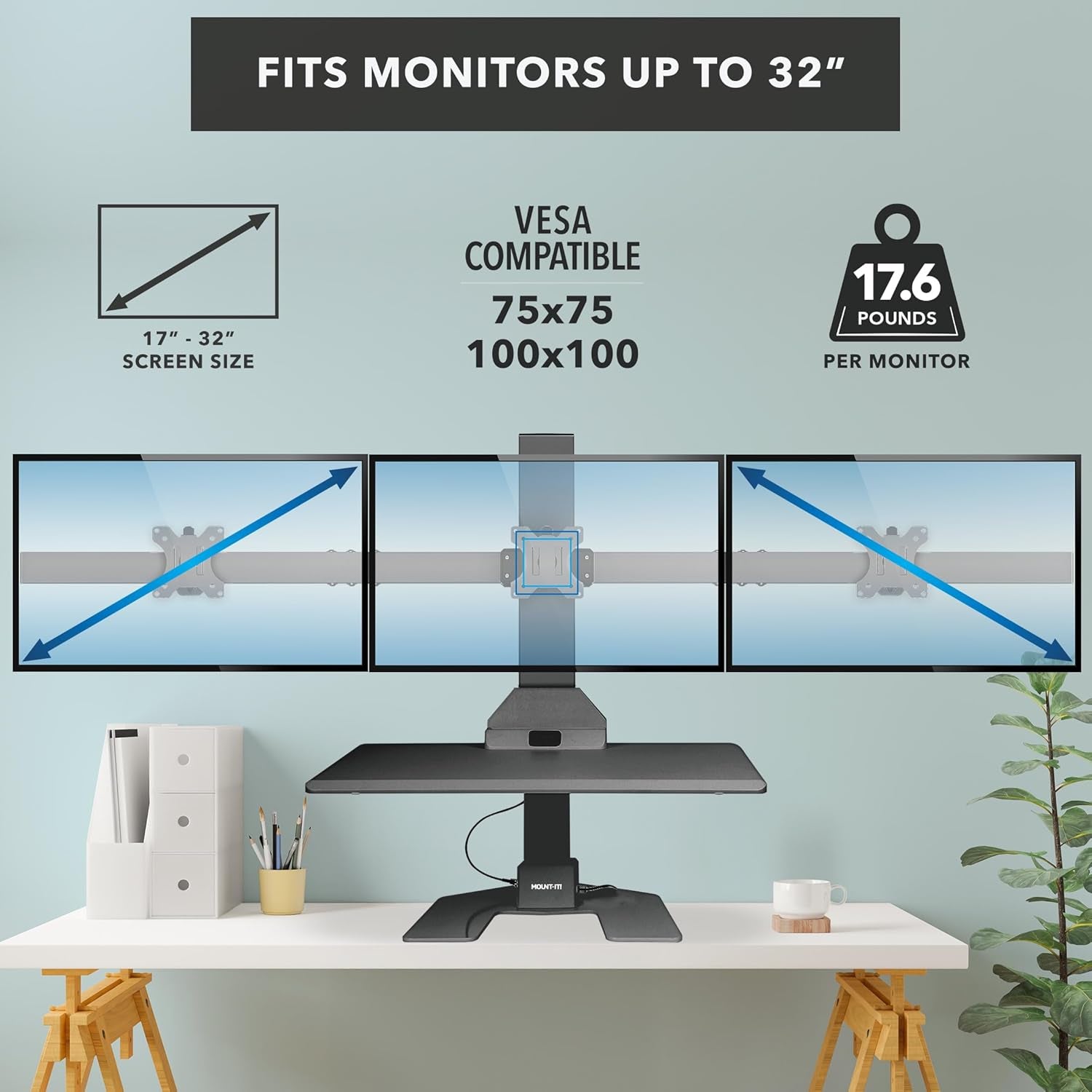 Triple Monitor Electric Standing Desk Converter - 3 Screens Stand up Desk Riser - Height Adjustable Desktop & 3 Mounts for Screens up to 32", Sit-Stand Convertor for Home, Office, School