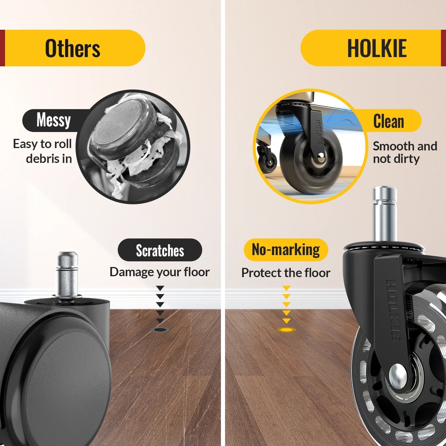 Office Chair Caster Wheels Replacement Rubber Caster Wheels, 5PCS Rollerblade Wheels for Hardwood Floors