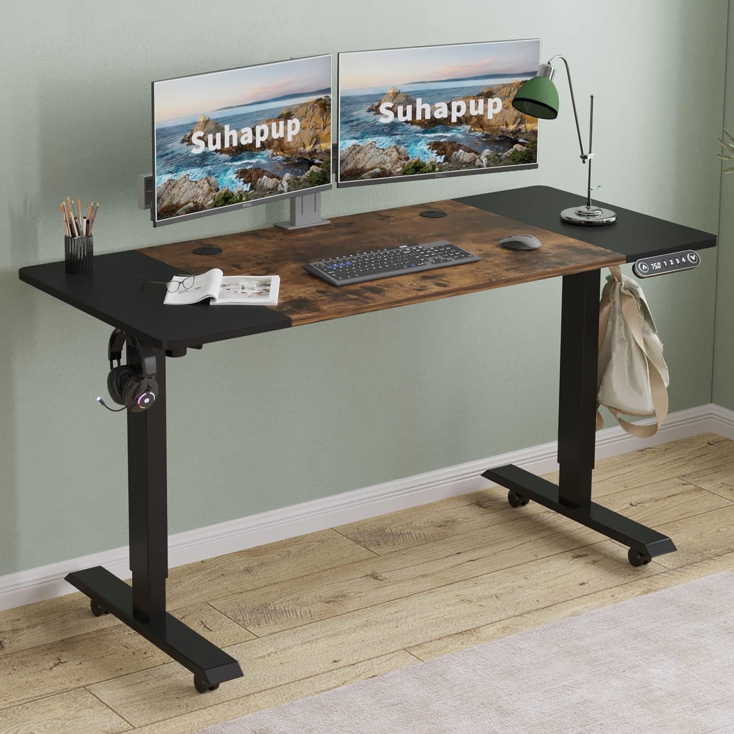 Electric Adjustable Height Standing Desk, 55 X 24 Inches Sit - Stand Desk for Work or Home Office 4 Preset Heights Easy to Set, Rustic Brown + Black Splice Board/Black Frame