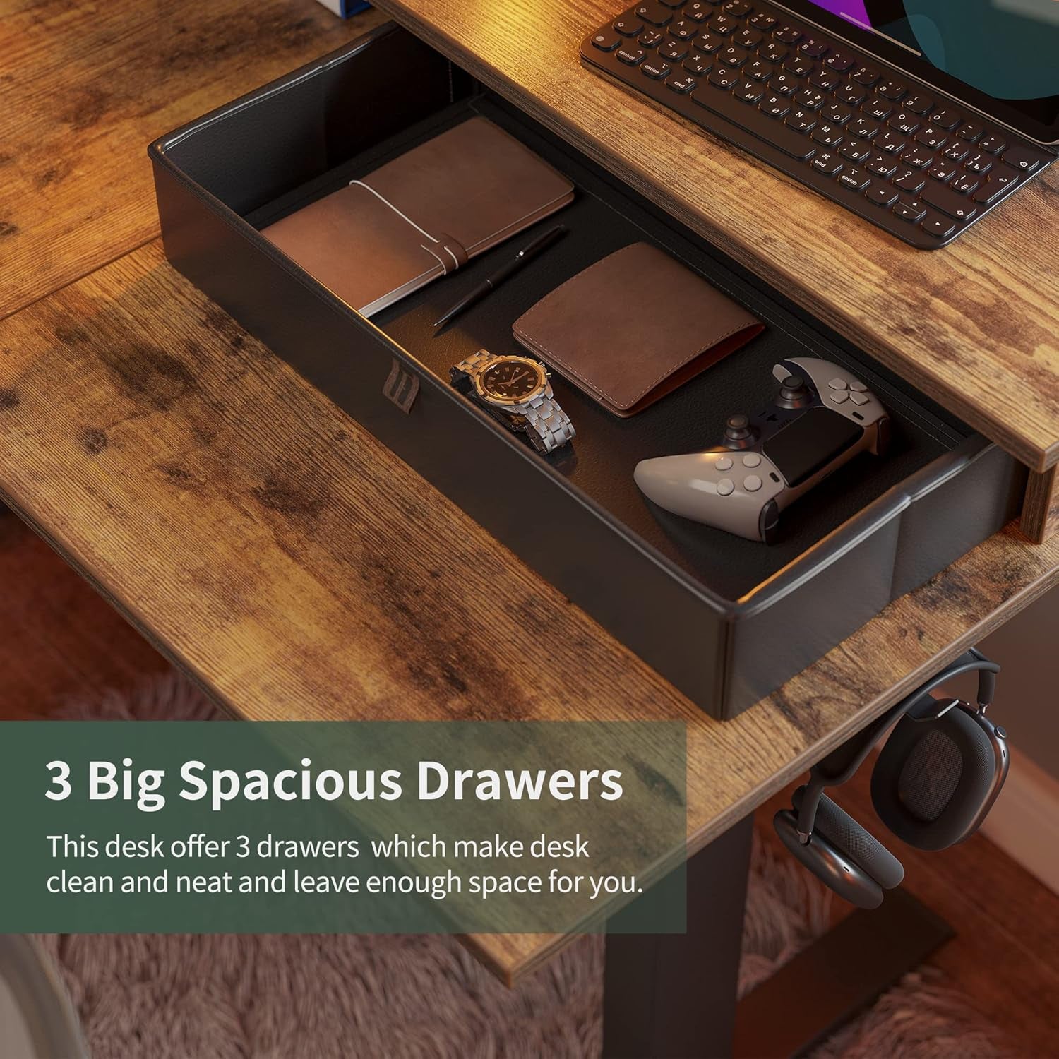 L Shaped Standing Desk with Drawers, Exclusive Upgraded 3 Motors Support 330LBS, Electric Height Adjustable L Standing Desk with Large Monitor Stand, Rustic Brown