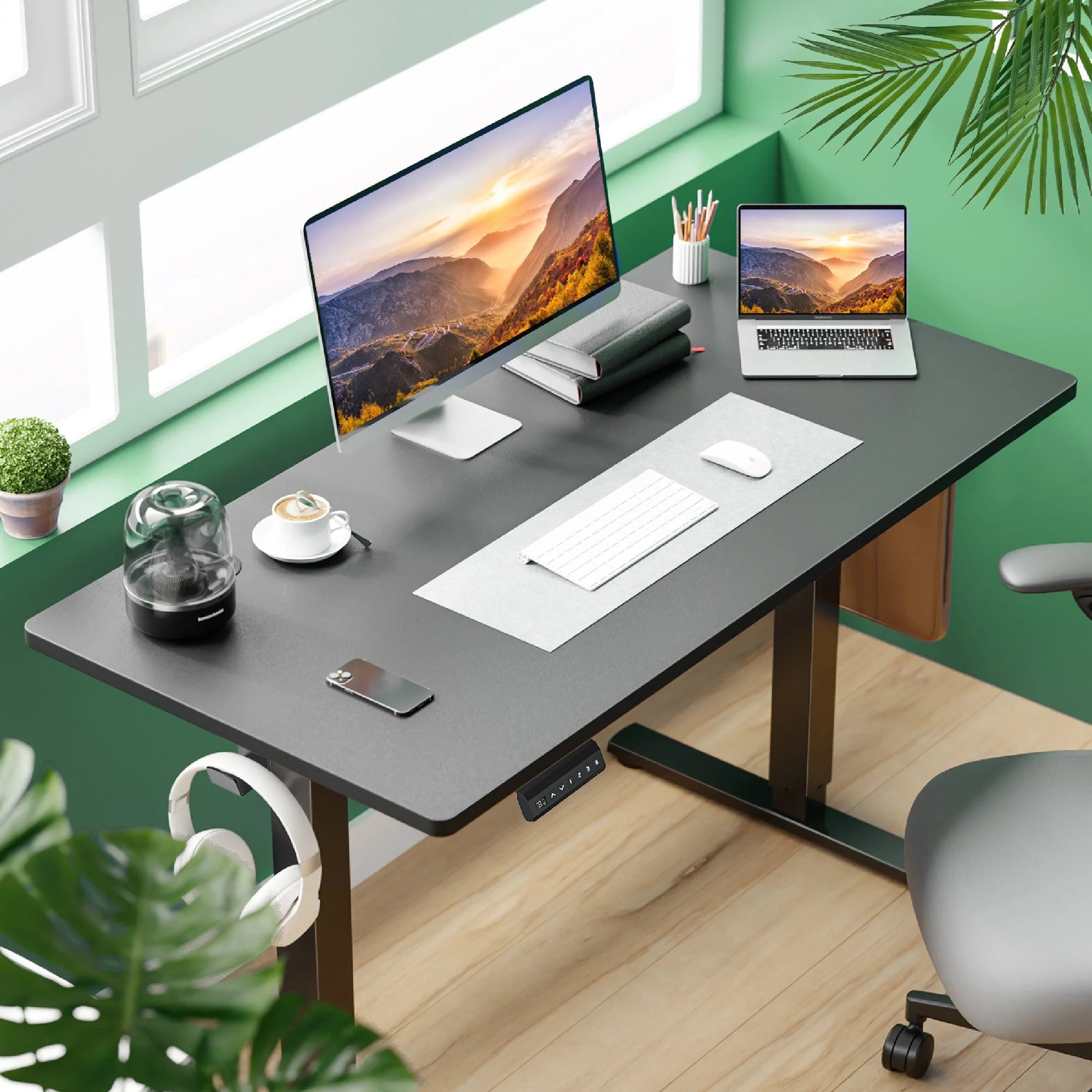 55X24 Inch Electric Standing Desk, Ergonomic Rising Modern Lift Motorized Gaming Desktop Workstation for Work Home Office, Height Adjustable, Black