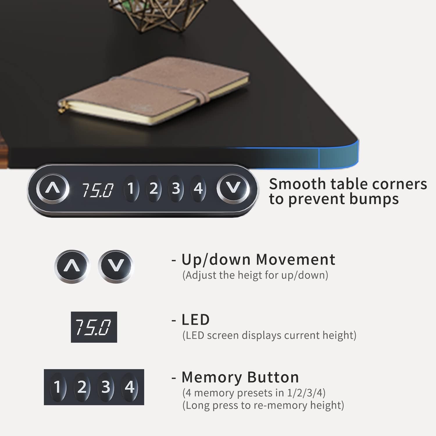 Electric Adjustable Height Standing Desk, 55 X 24 Inches Sit - Stand Desk for Work or Home Office 4 Preset Heights Easy to Set, Rustic Brown + Black Splice Board/Black Frame