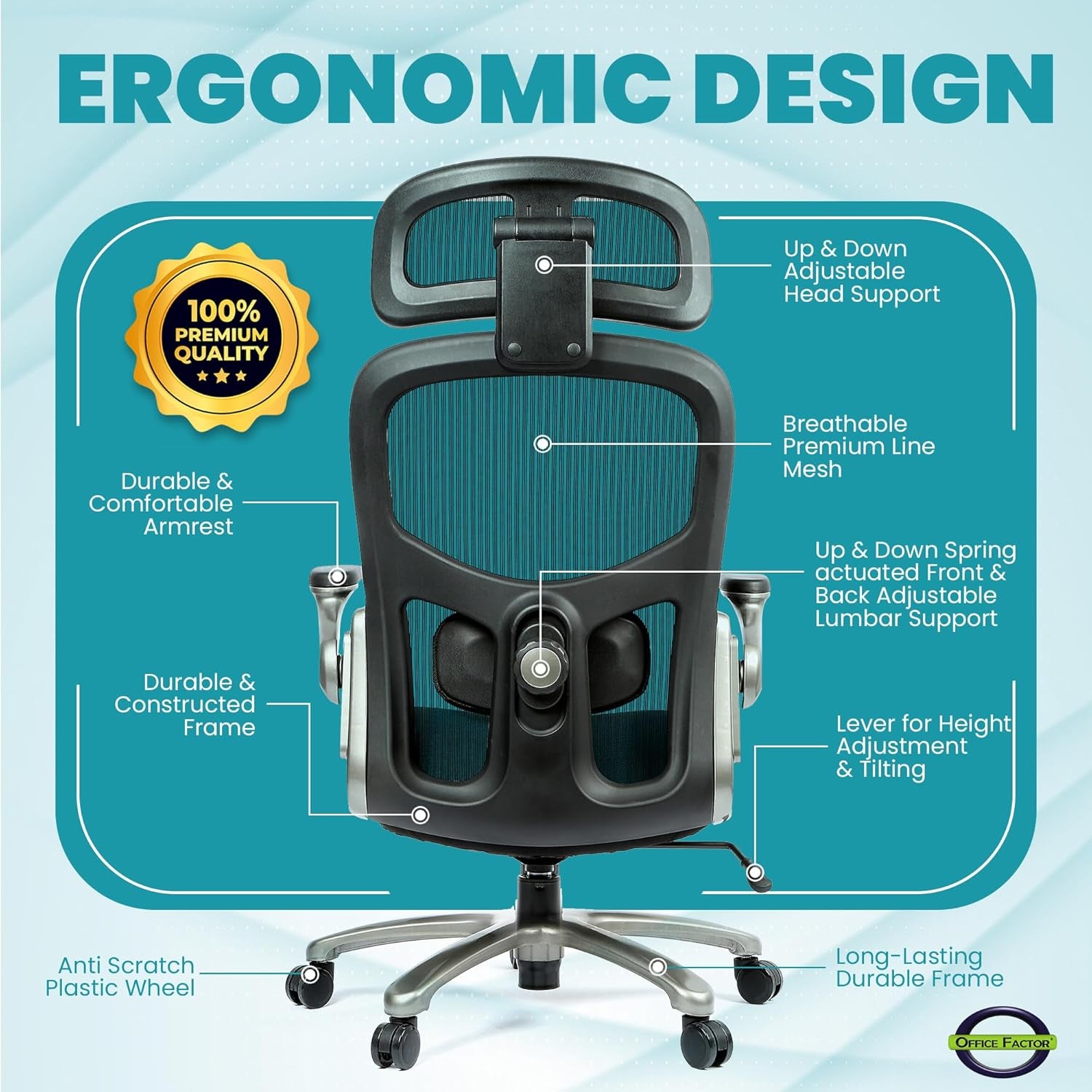 Officefactor 500 Lbs Rated the Real High Back Ergonomic Big and Tall Office Chair Flip-Up Arms Mesh Back anti Scratch Wheels Adjustable Lumbar Support Adjustable Headrest (Black with Headrest)