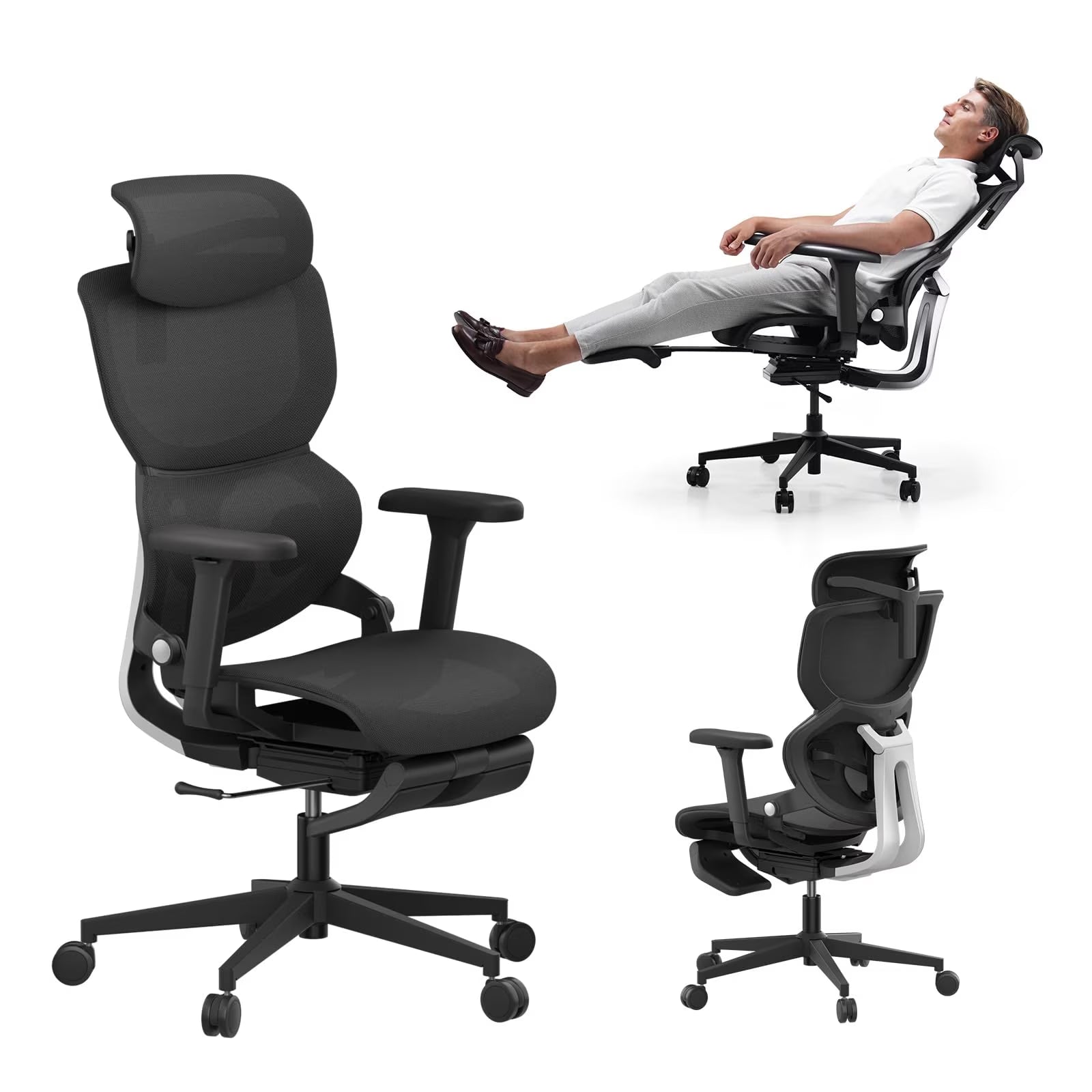 Ergonomic Office Chair with Footrest Home Office Chair with Soft Rubber Lumbar Support Tilt Mesh Computer Chair