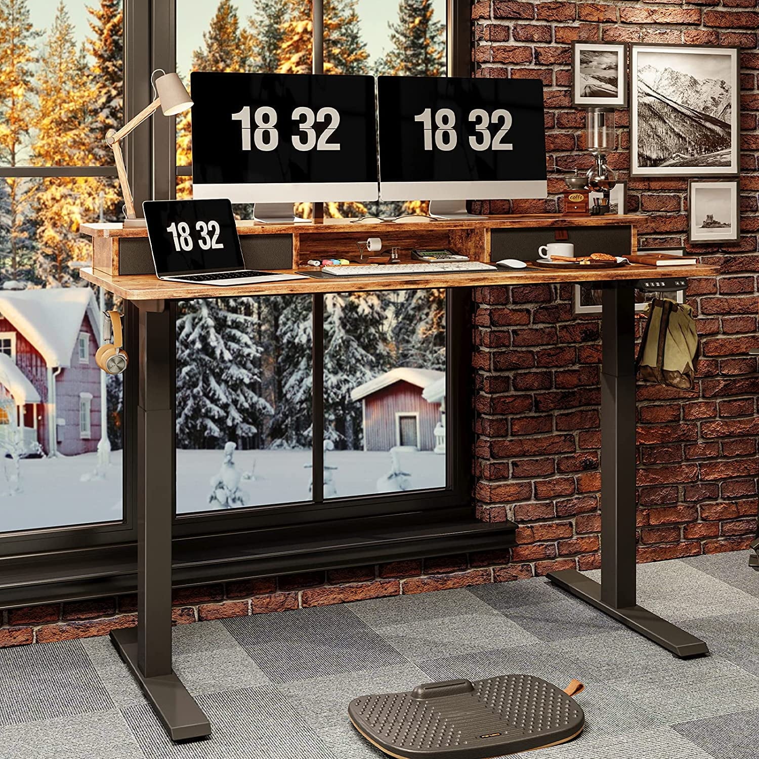 55 X 24 Inch Height Adjustable Electric Standing Desk with Double Drawer, Stand up Table with Storage Shelf, Sit Stand Desk with Splice Board, Black Frame/Rustic Brown Top