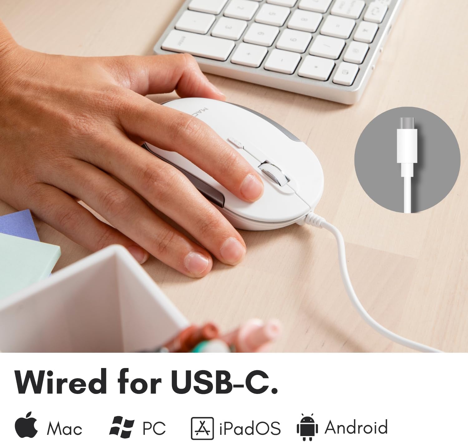 Wired USB C Mouse for Mac & Windows - 3 Button & Scroll Wheel USB Type C Mouse - Comfortable Ambidextrous Design - Compact Wired Mouse with Optical Sensor & DPI Switch 800/1200/1600/2400