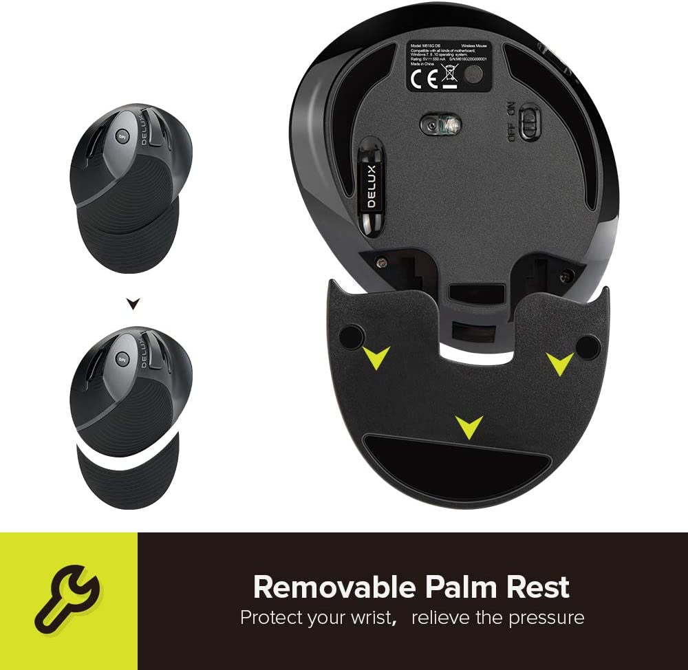 Rechargeable Ergonomic Wireless Mouse Silent, 1600DPI, Reduce Hand and Wrist Pain, Vertical Mouse with USB Receiver and BT 5.0, 6 Buttons and Removable Palm Rest (M618G Db-Black)