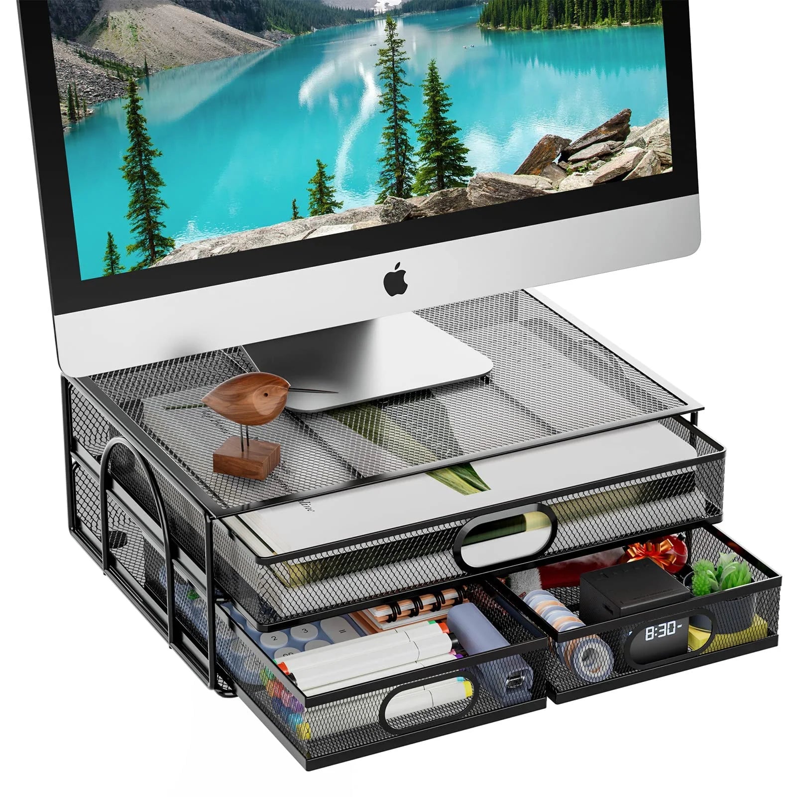 Monitor Stand with Drawer, Monitor Stand, Metal Mesh Desk Organizer with Three Pull Out Storage Drawers