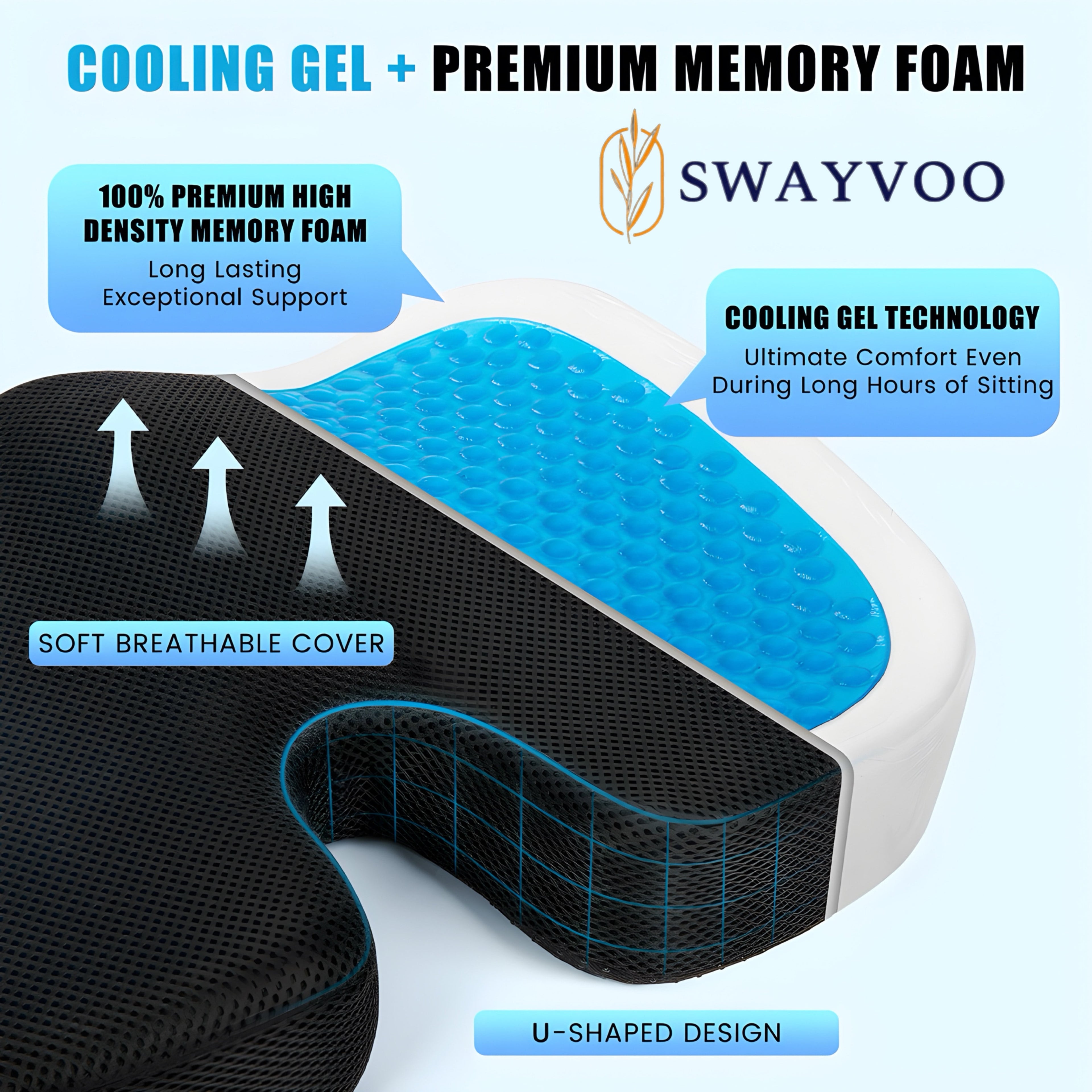 Memory Foam Cushion Gel Seat Cushion Tailbone Pain Relief Cushion – Office Chair Cushion