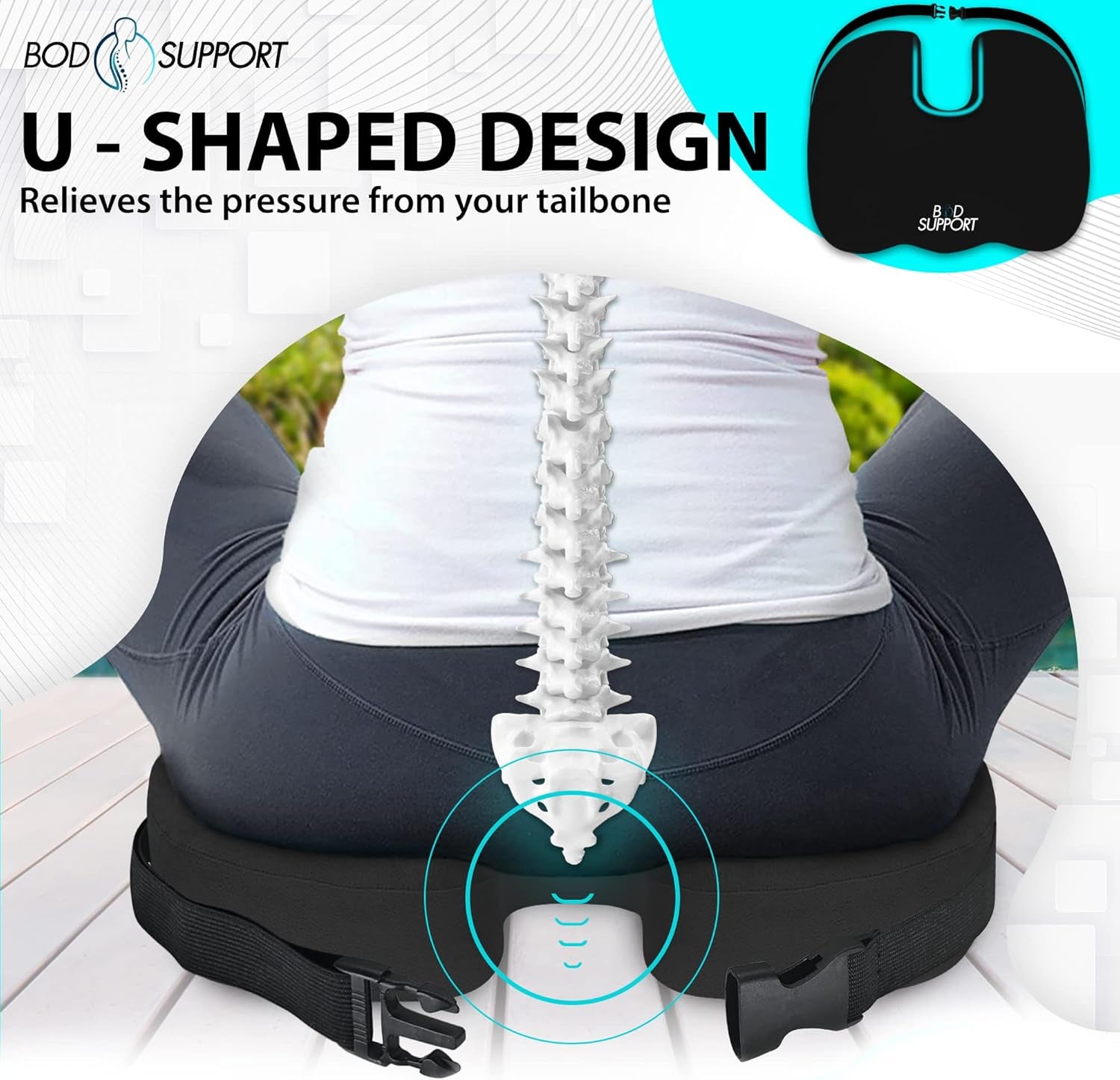 Seat Cushions for Office Chairs, Desk Chairs, and Car Seats - Enhances Posture and Support - Non-Slip Ergonomic Design with Adjustable Straps - Sciatica and Tailbone Relief (Black)