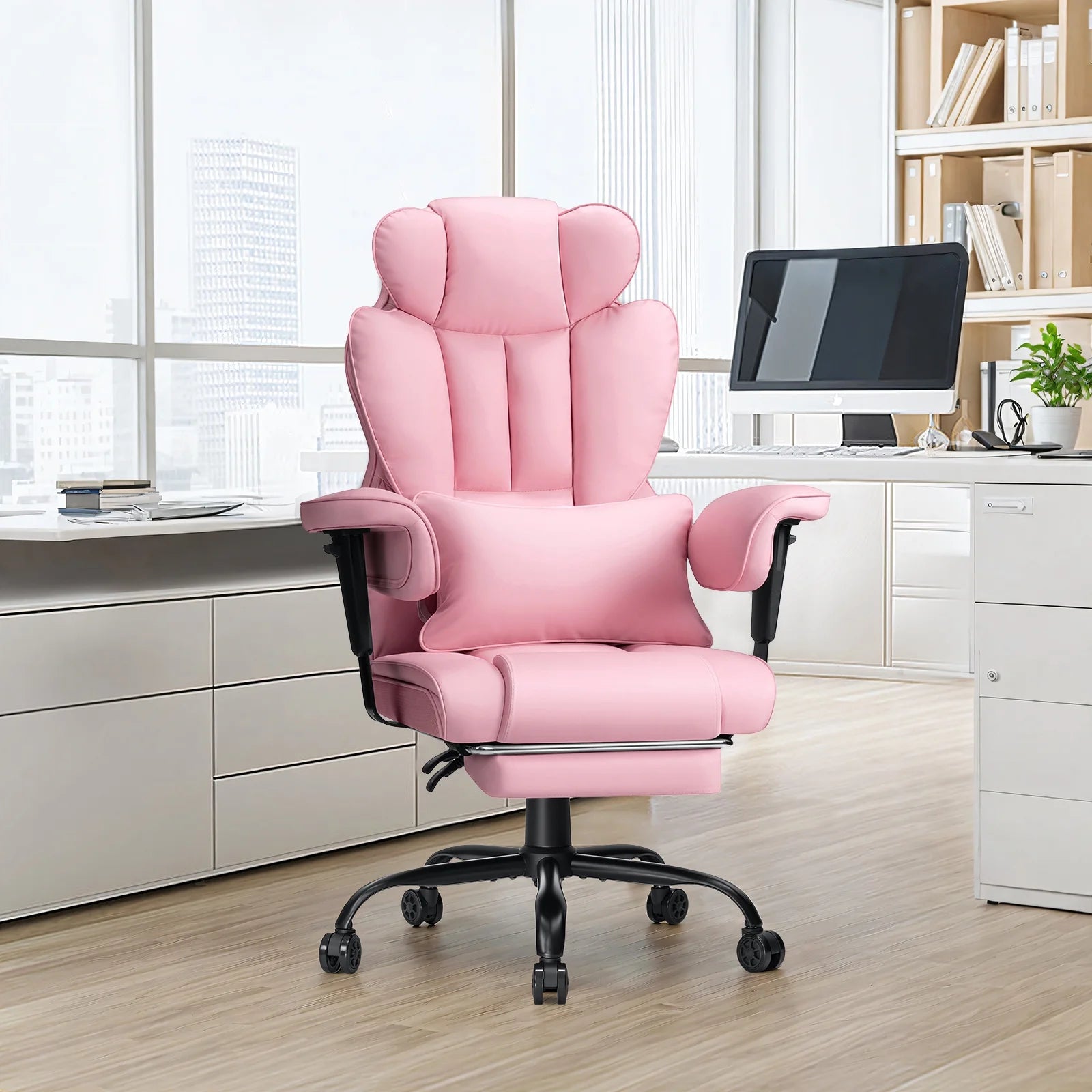 Big and Tall Office Chair 450Lbs, Executive Computer Desk Chair with Massage Ergonomic Leather Chair with Footrest Reclining Desk Office Chair with Lumbar Support for Home Office