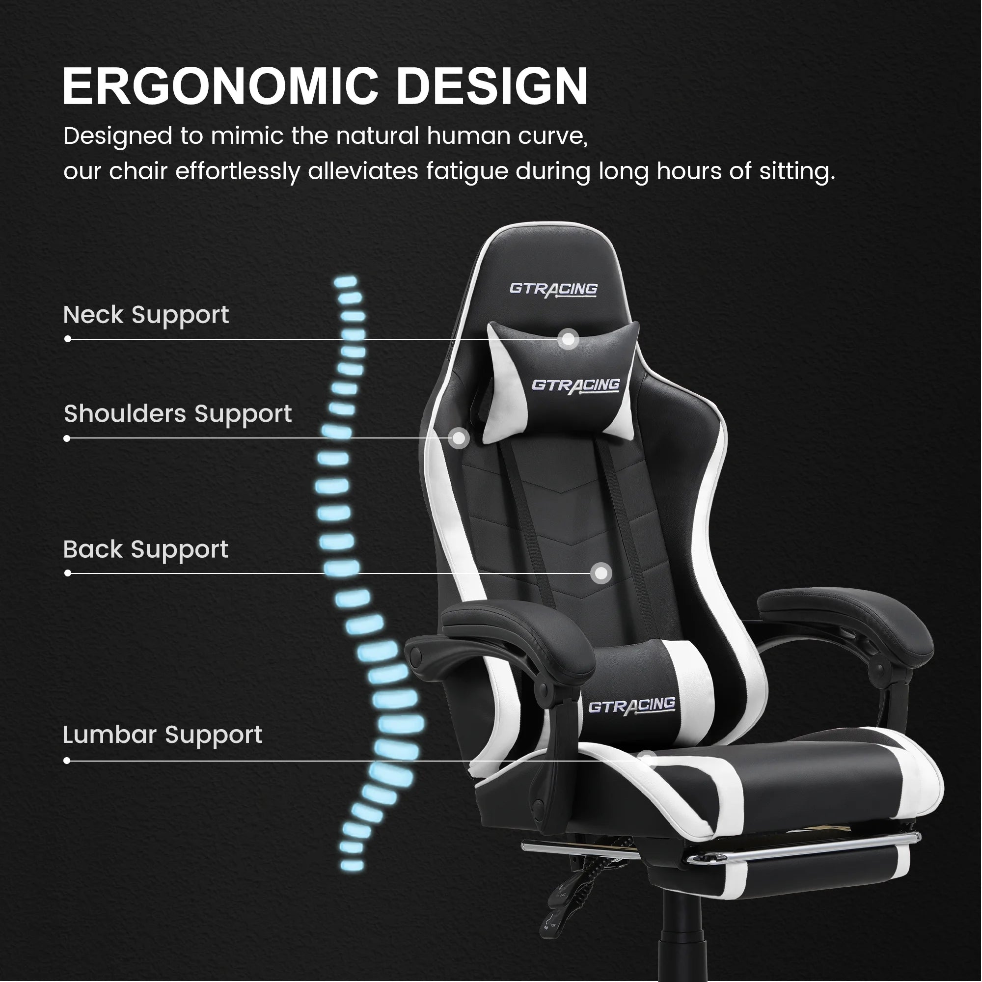 GTWD-200 Ergonomic Gaming Chair with Adjustable Pillows and Footrest , White