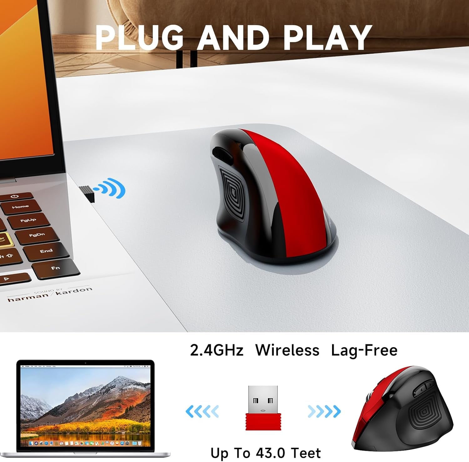 Ergonomic Wireless Mouse, 2.4G Optical Cordless, 800/1200/1600 DPI, Vertical Computer Mouse for Laptop, Mac, PC, Desktop (Right Hand, Large) - Red