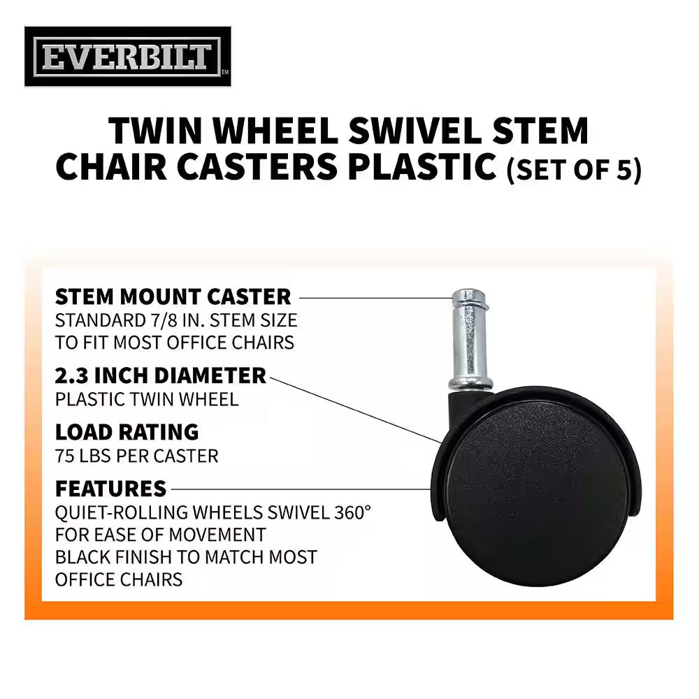 2 In. Black Plastic and Steel Twin Wheel Swivel Friction Grip Stem Office Chair Caster with 75 Lb. Load Rating