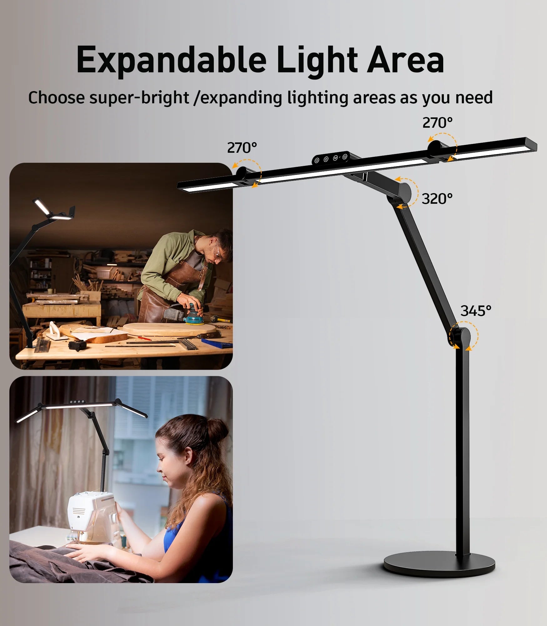 LED Desk Lamp with Base, 270°-360° Angle-Adjustable 3-Light Bars Architect Office Desk Lamp , 24W Desk Lights for Home Office, Eye Care Auto Stepless Dimming Desk Light, 7×5 Lighting Modes