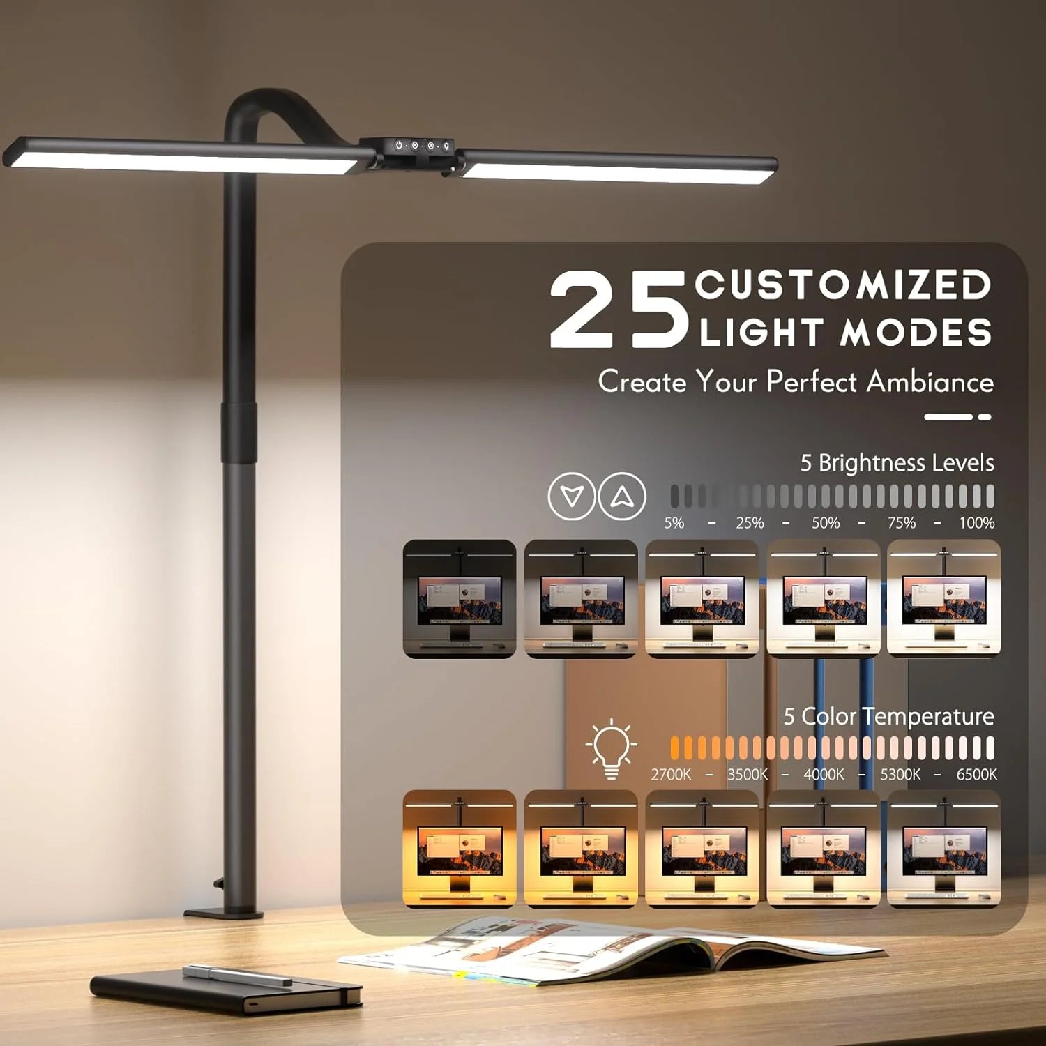 LED Desk Lamp for Home Office, 24W Ultra Wide Double Head Architect Desk Lamp with 25 Lighting Modes, 30.7'' Adjustable Gooseneck Monitor Light for Work Office, Gray