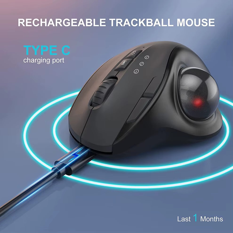 Black 2.4G + Bluetooth Wireless Trackball Mouse Rechargeable Rollerball Mice Ergonomic Mice Thumb Control Mouse Gaming