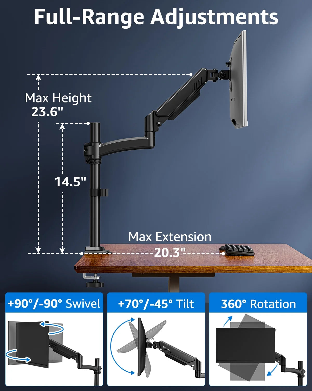 Single Monitor Arm for 13-32Inch, Full-Motion Monitor Mount, Height Adjustable Monitor Stand for Desk, Holds Max 22Lbs