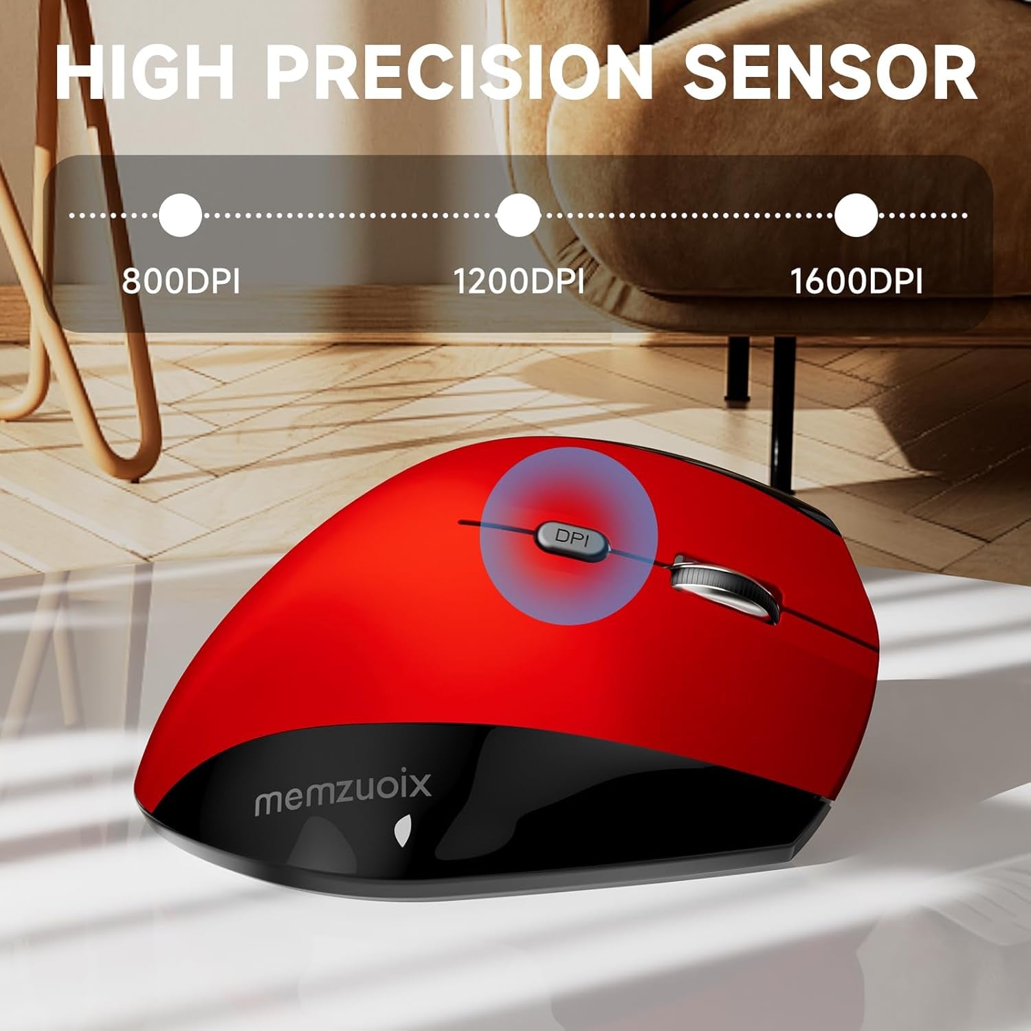 Ergonomic Wireless Mouse, 2.4G Optical Cordless, 800/1200/1600 DPI, Vertical Computer Mouse for Laptop, Mac, PC, Desktop (Right Hand, Large) - Red