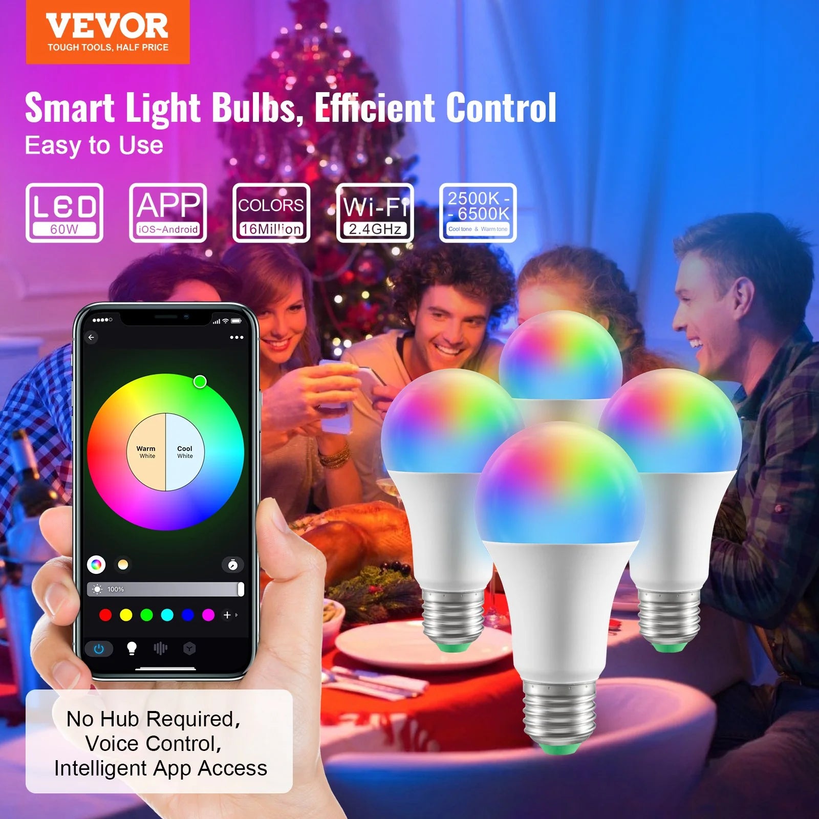 VEVOR Smart Light Bulbs, 4-Pack, 9W Multicolor LED Bulbs, 800 Lumens with Smart Control Compatibility for Vera, Google Assistant, Amazon Alexa, Ios, Android, RGB Color Changing