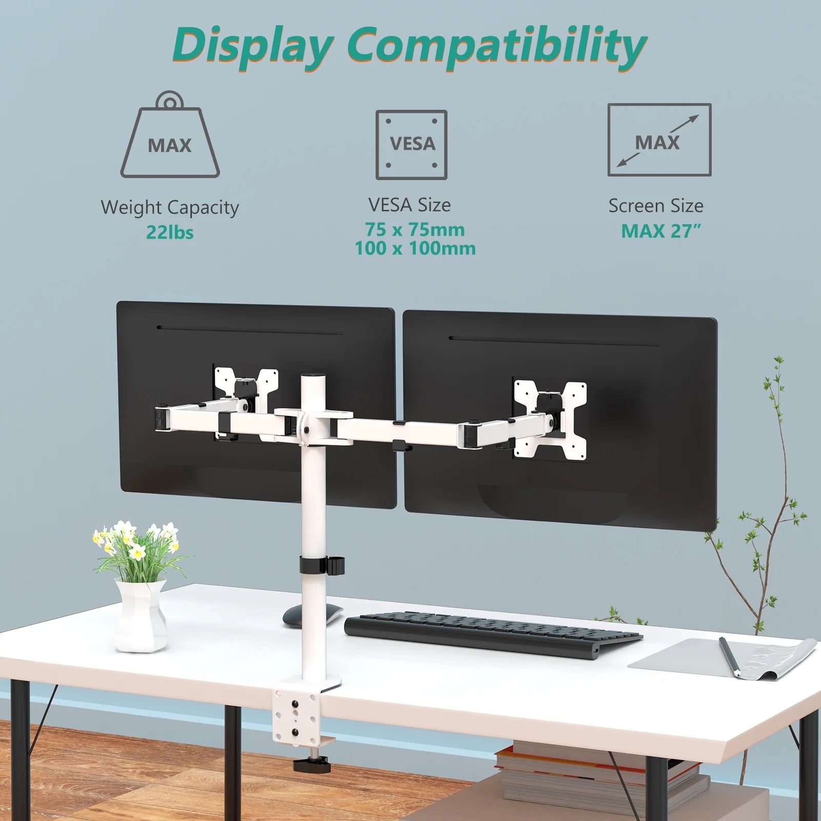 M002-W Dual LCD Monitor Mount Stand with Fully Adjustable Desk