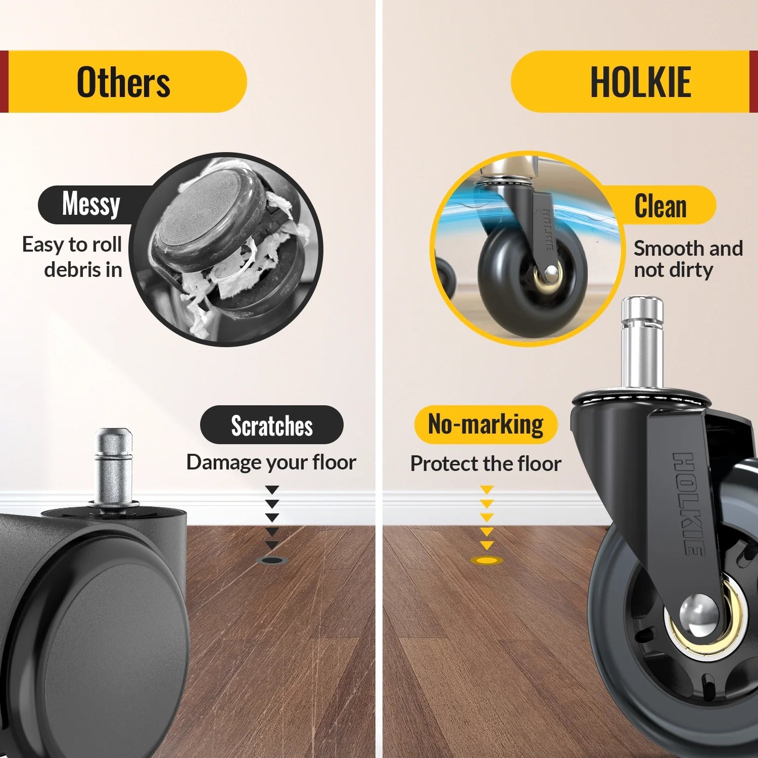 Office Chair Caster Wheels Replacement Rubber Caster Wheels, 5PCS Rollerblade Wheels for Hardwood Floors