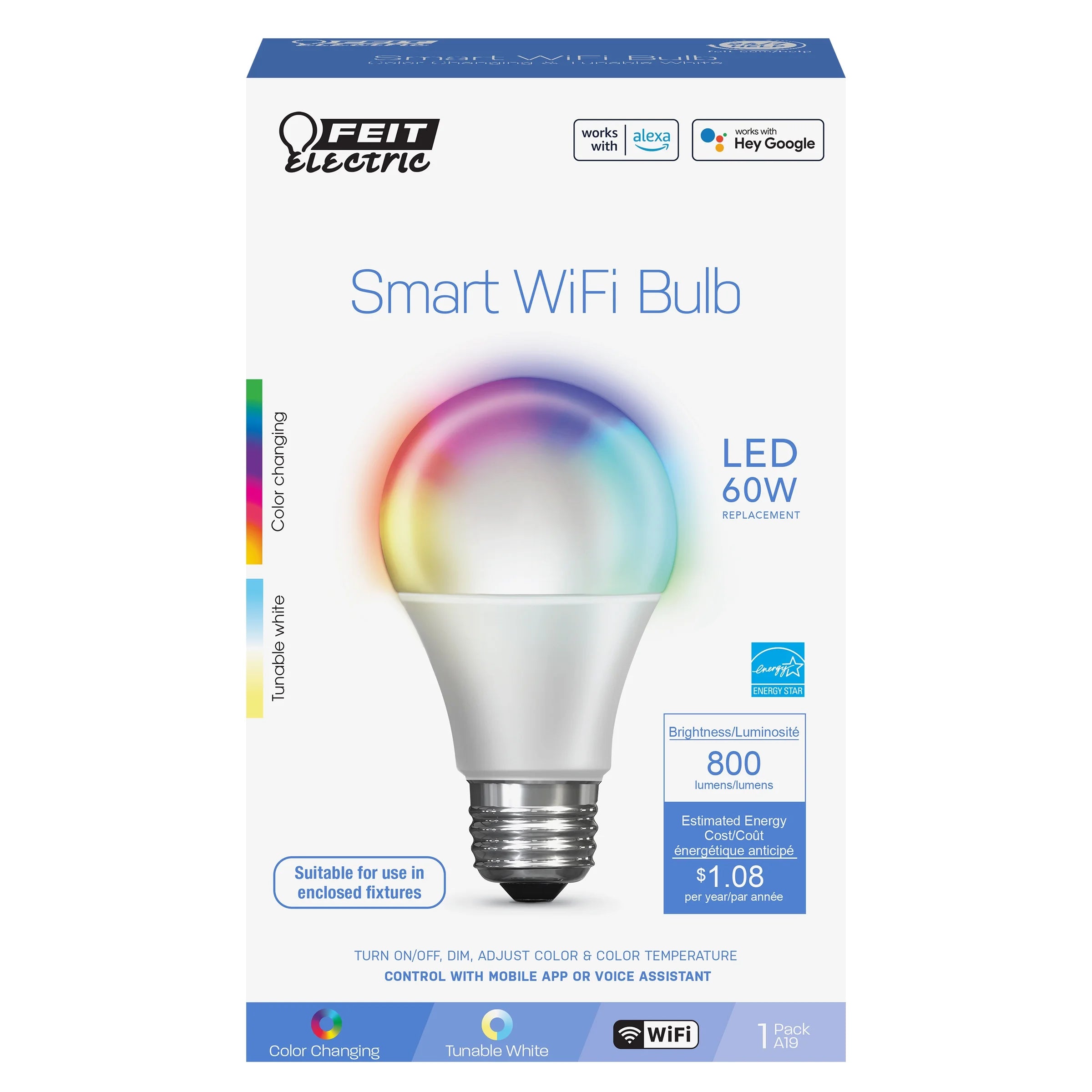 Smart LED 9 Watt (60 Watt Eq.) Color Changing/Tunable White Light Bulb, A19, E26, Dimmable